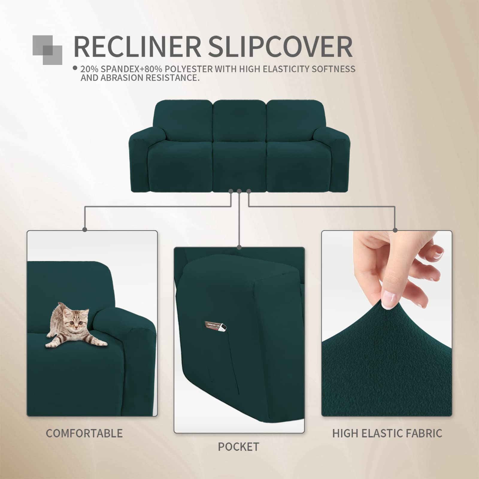 8-Piece Microfiber Stretch Sectional Recliner Sofa Slipcover - Soft Fitted Fleece 3-Seat Couch Cover - Washable Furniture Protector with Elastic Edges for Kids & Pets (Deep Teal) - Perfect for Living Room, Family Room & Home Theater Comfort