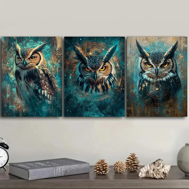 3-Piece Mysterious Owl Art Painting - Metal Print Wall Decor Ready to Hang - Perfect for Living Room, Bedroom & Office Decor