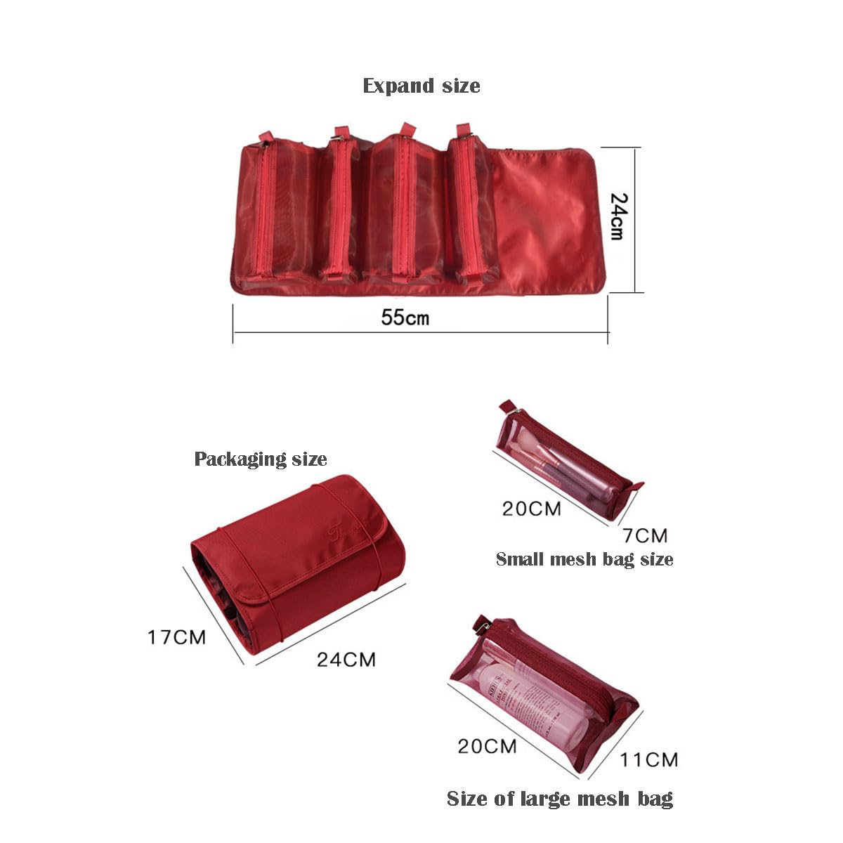Travel Size Toiletries Organizer Set - 4 Mesh Hanging Bags for Women | Portable Makeup & Cosmetic Storage | Perfect for Backpacking, Gym, Air Travel & Camping (Red)