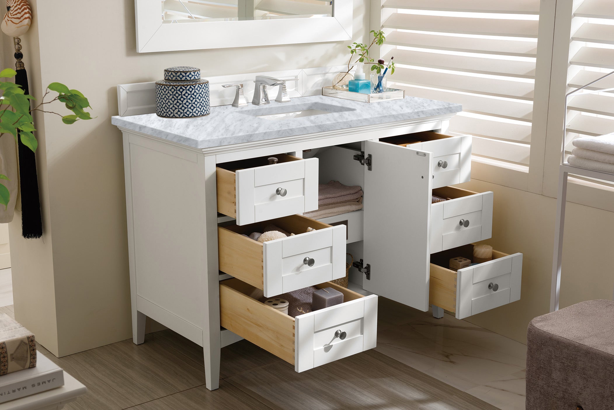 Palisades 48 Inch Single Bathroom Vanity with Carrara Marble Top in Bright White - Perfect for Modern Master Bathrooms and Powder Rooms