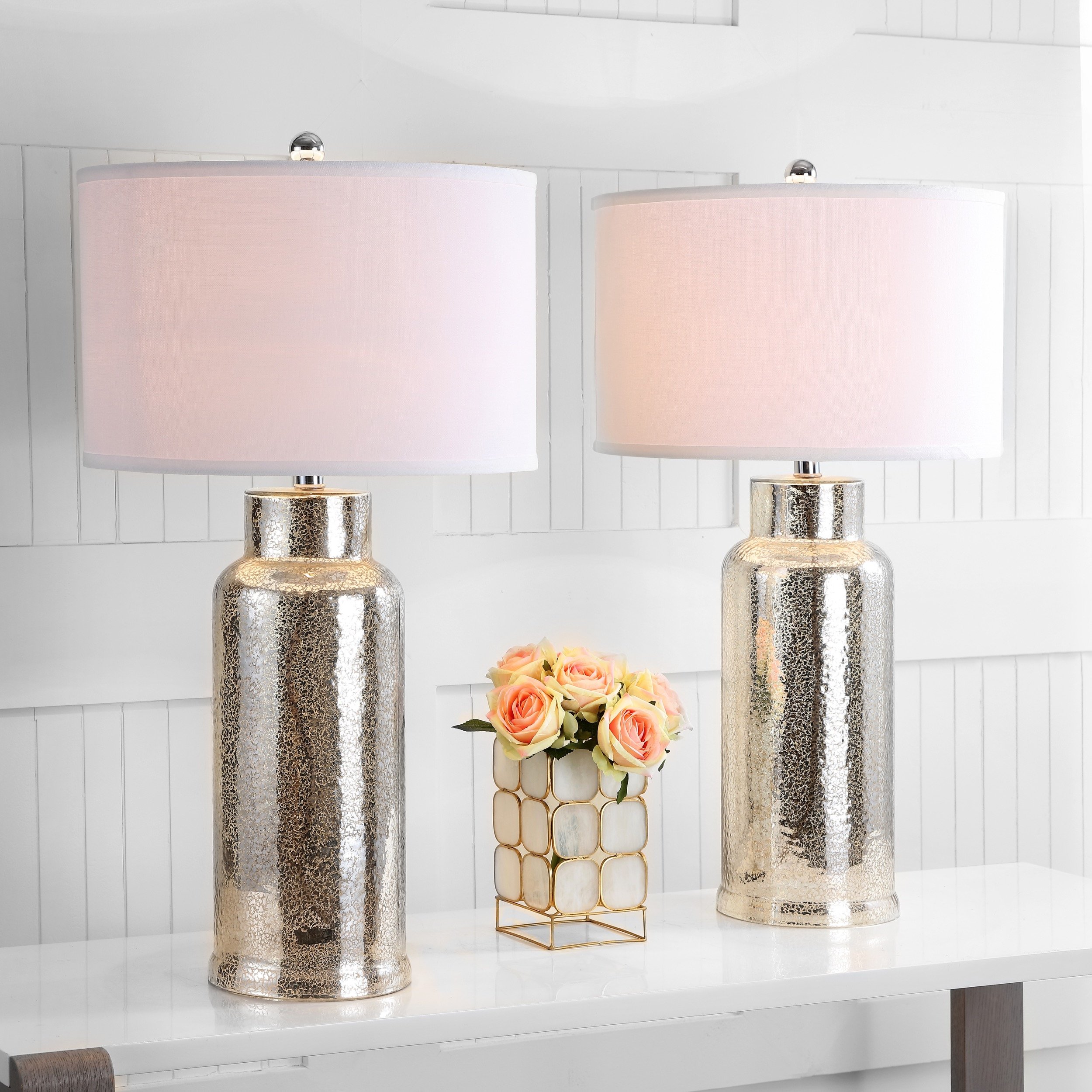 SAFAVIEH 30-inch Silver Glass Bottle Table Lamp Set of 2 with LED Bulbs - Modern Bedside Lighting for Bedroom, Living Room & Home Office - Perfect for Nightstands, Desks and Cozy Reading Nooks