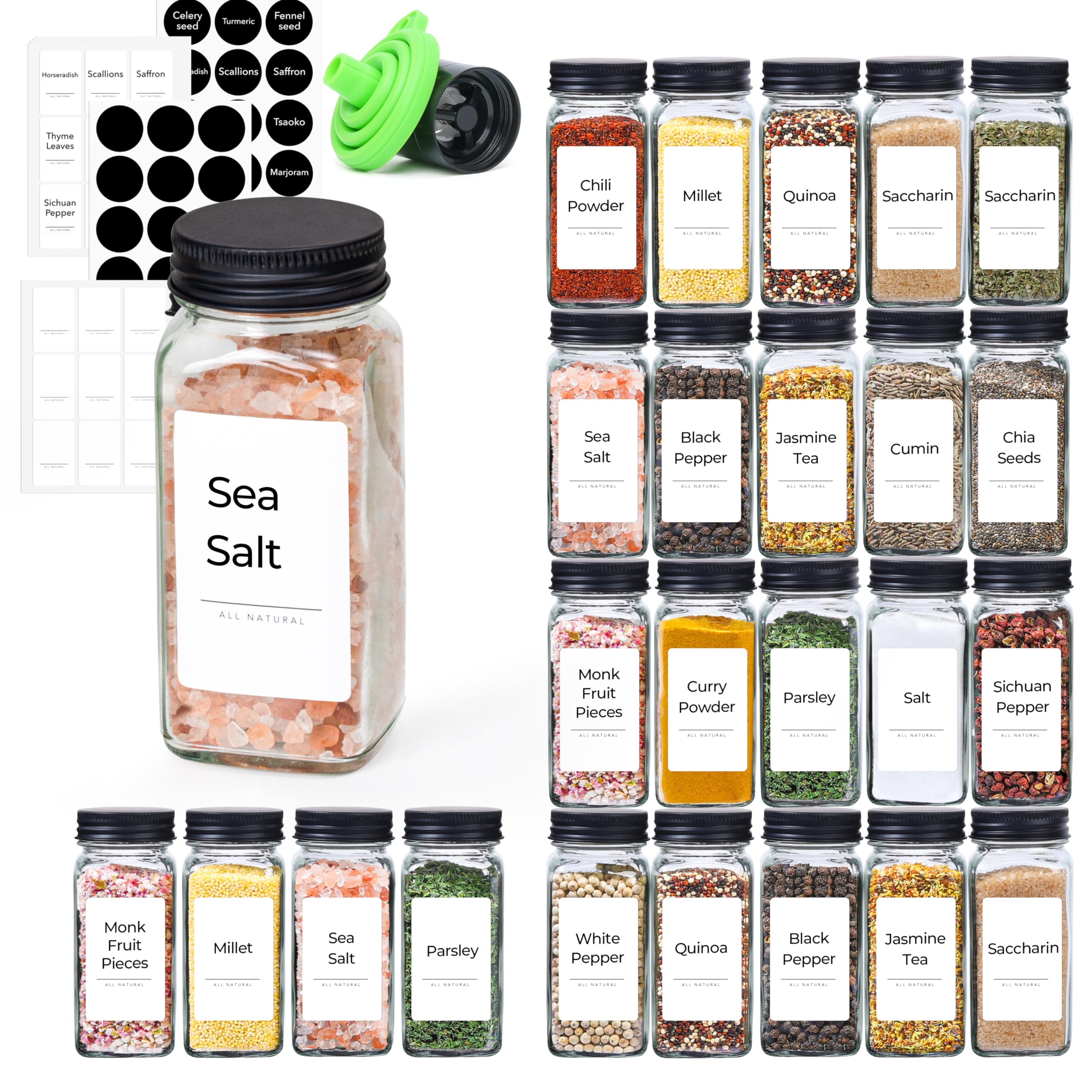 ComSaf 24-Piece 4oz Glass Spice Jars Set with Shaker Lids - Includes 93 Labels, Handy Funnel, Pepper Grinder & Square Spice Bottles - Perfect for Kitchen Organization, Seasoning Storage & DIY Spice Blends