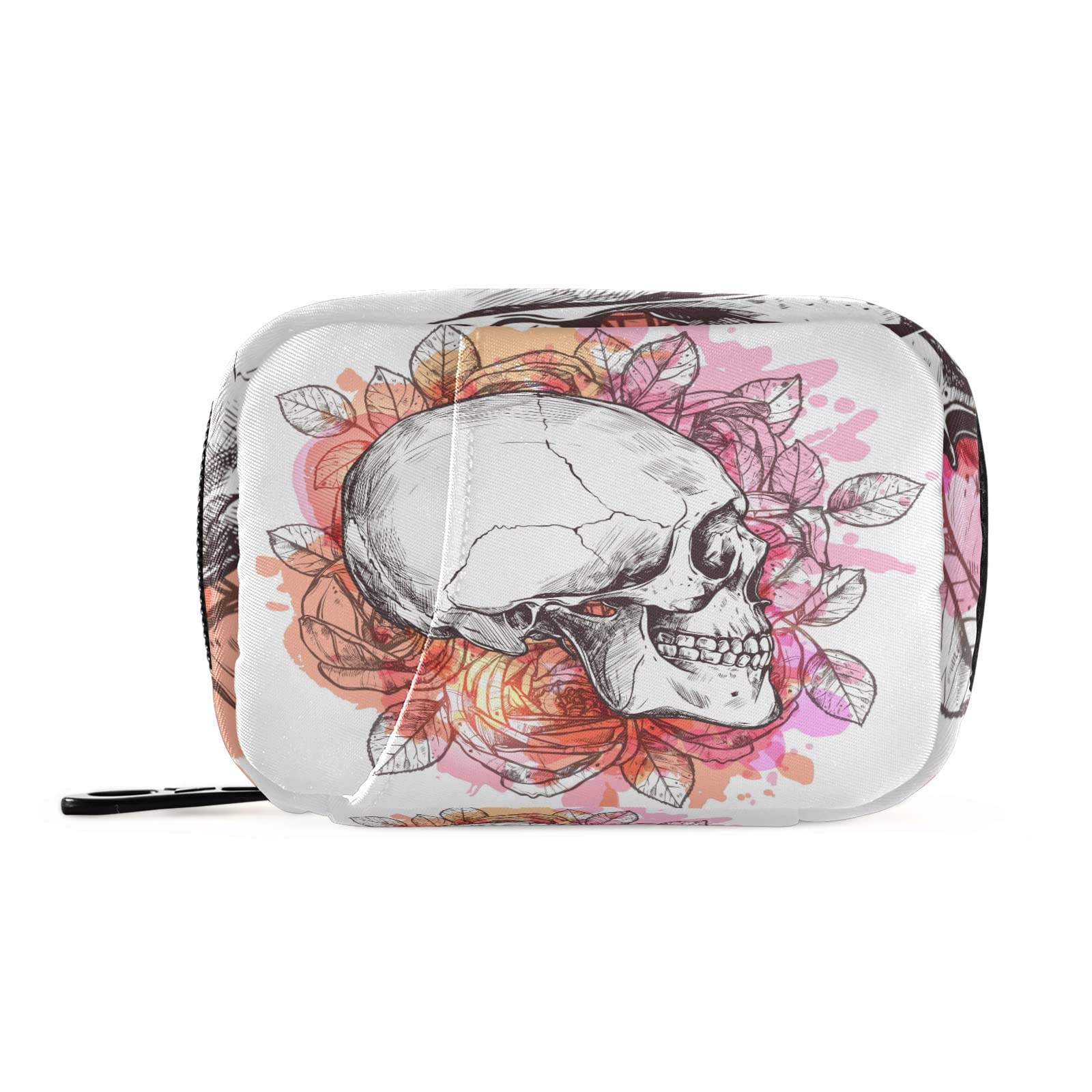 Watercolor Rose Flower Skull Pill Organizer - 7 Day Weekly Pill Case with Zipper | Portable Travel Medication Box for Vitamins, Supplements & Pills | Perfect for Daily Use, Trips & Home Organization
