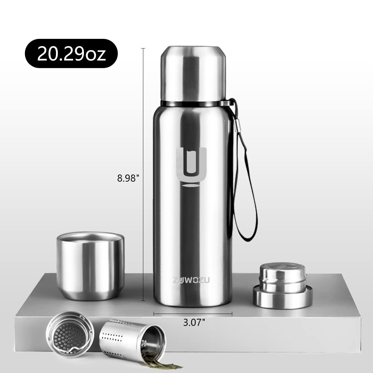 Premium 20oz Insulated Stainless Steel Water Bottle with Sleeve & Strap - Double Wall Vacuum Flask for Hot & Cold Drinks - Keeps Coffee, Tea, Water Temperature for Hours - Perfect for Hiking, Gym, Office & Outdoor Activities (Silver)