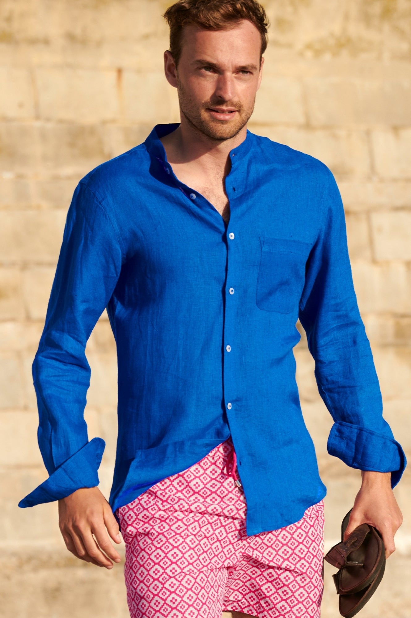 Premium Men's Nehru Collar Linen Shirt - Breathable Cobalt Blue Summer Casual Shirt for Office Wear & Outdoor Events