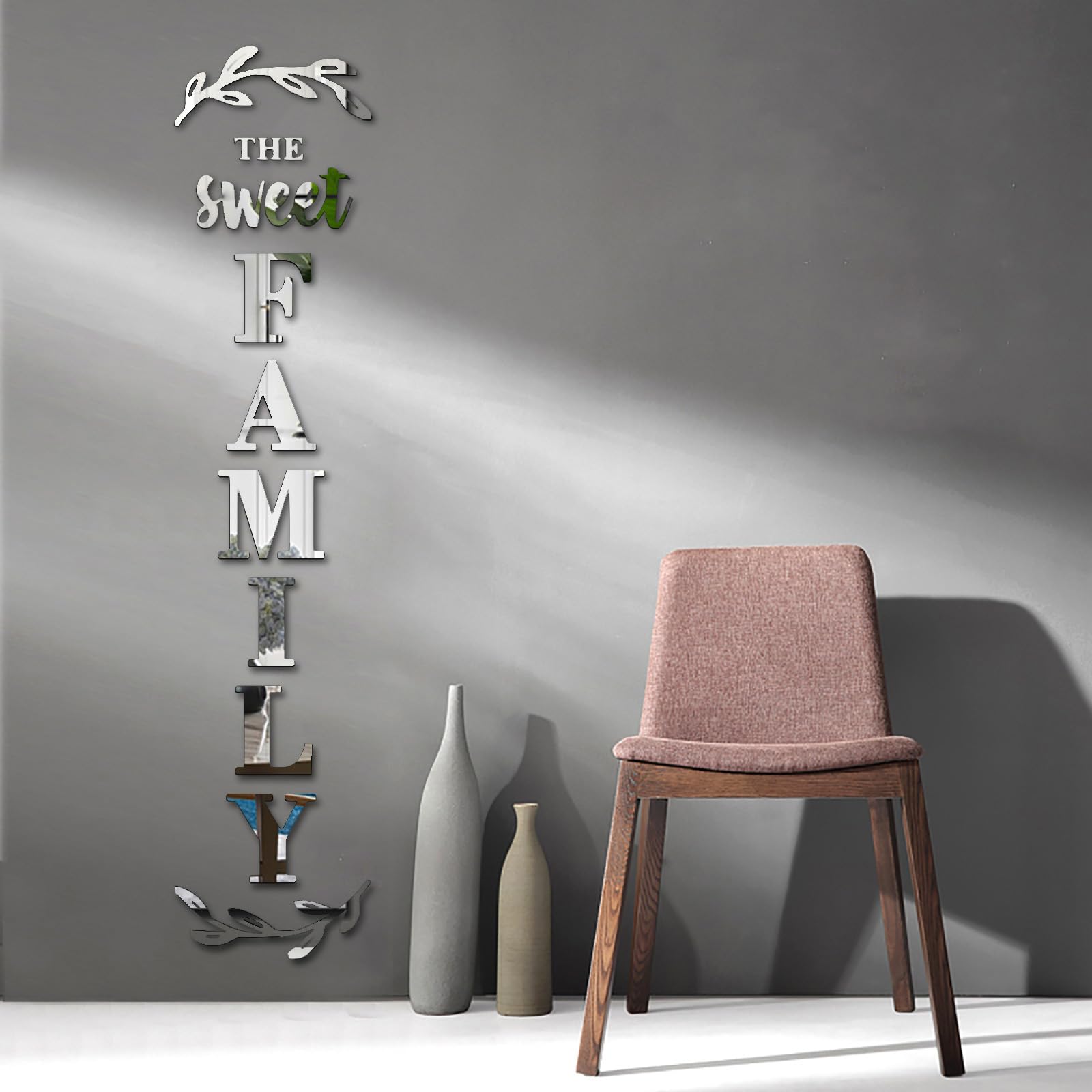 Family Letter Wall Decor - Peel & Stick Mirror Stickers for Living Room & Bedroom (Silver, 68x18 in) - Home Wall Art