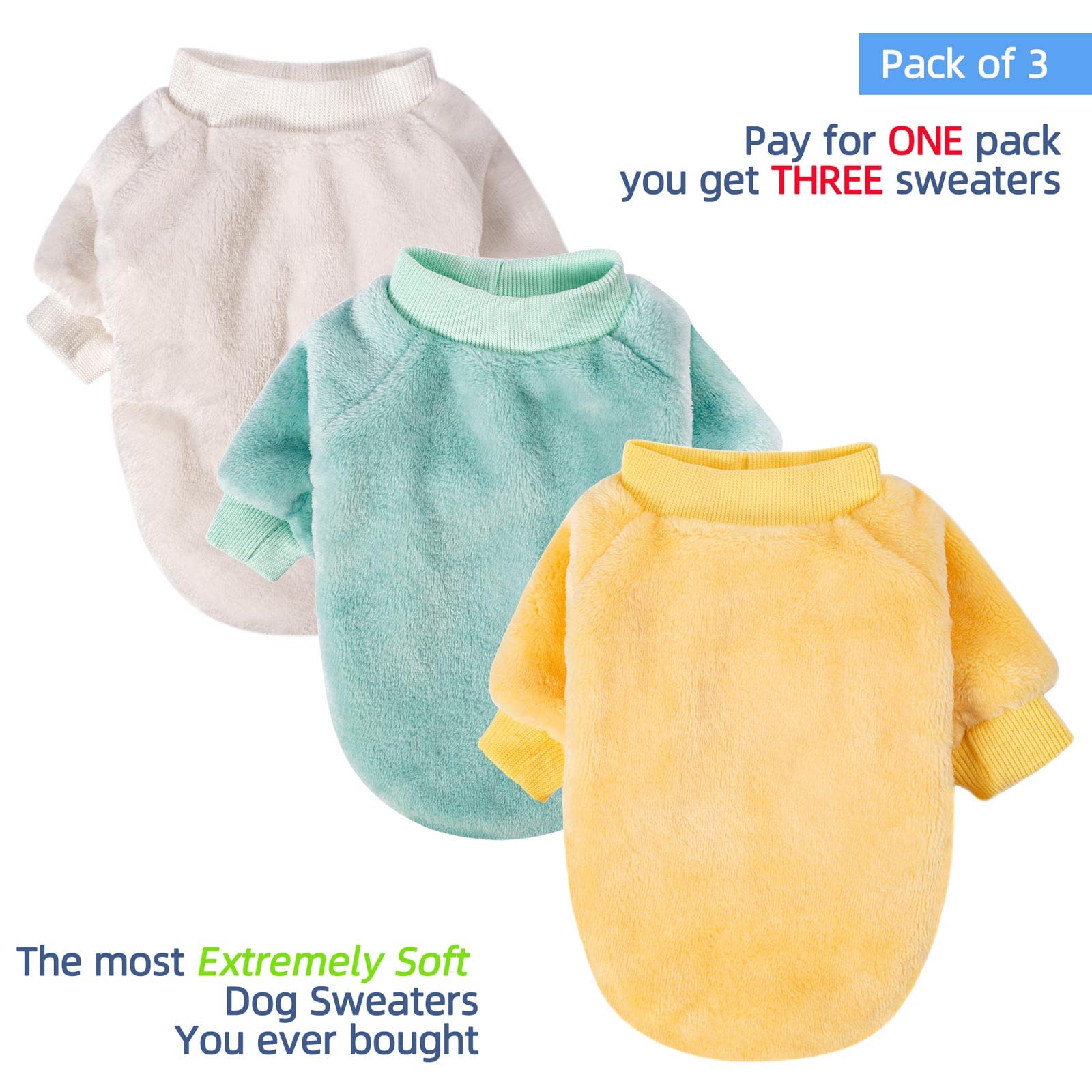 FabriCastle 3-Pack Ultra Soft & Warm Dog Sweaters for Small to Medium Dogs - Cozy Winter Dog Coat & Jacket for Puppies (XX-Large, Beige/Light Green/Yellow) - Perfect for Outdoor Walks & Indoor Comfort
