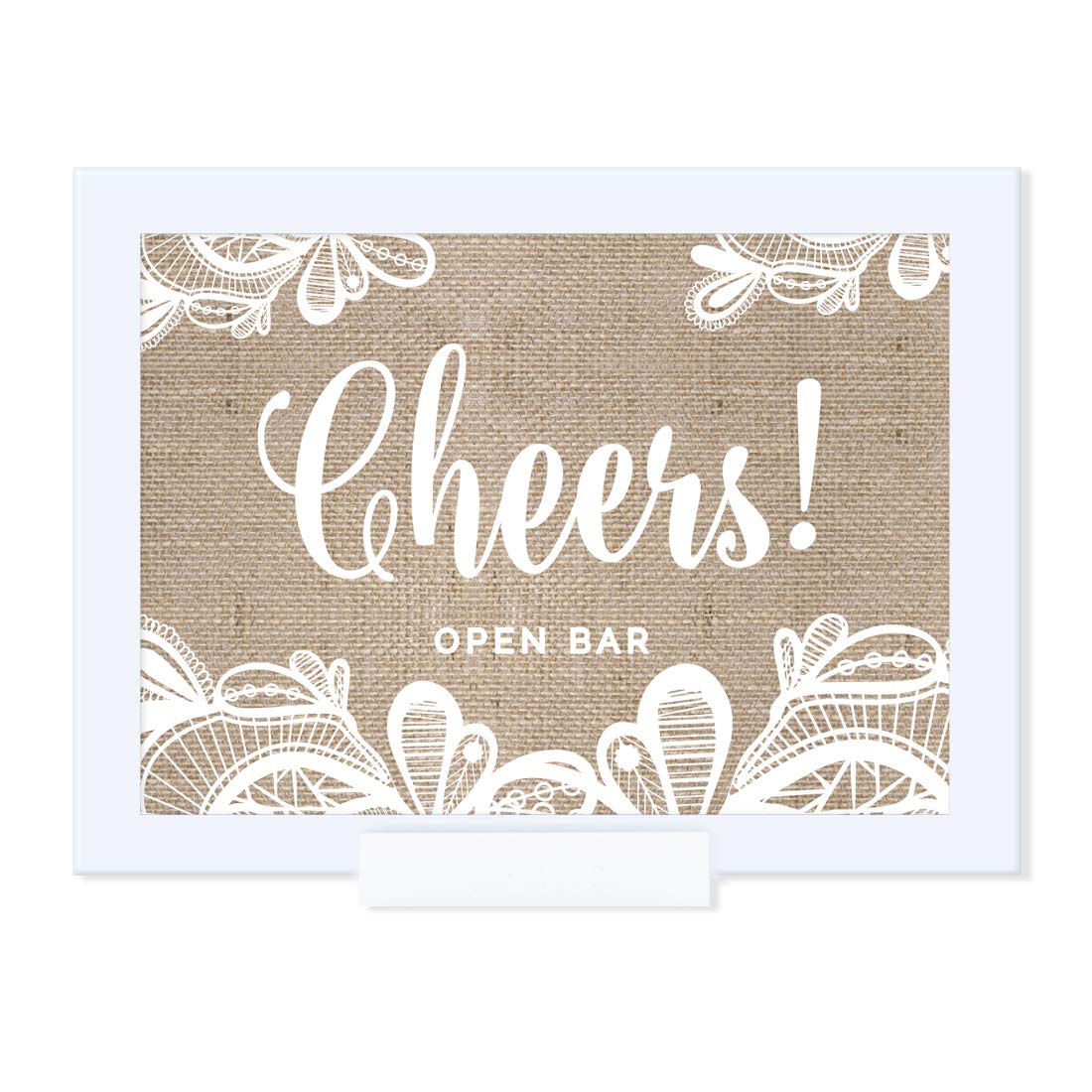 5x7 Inch Andaz Press Wedding Framed Party Sign - Burlap Lace Printed Cardstock Open Bar Cheers Sign - 1-Pack with Frame - Perfect for Wedding Receptions, Bridal Showers & Anniversary Celebrations