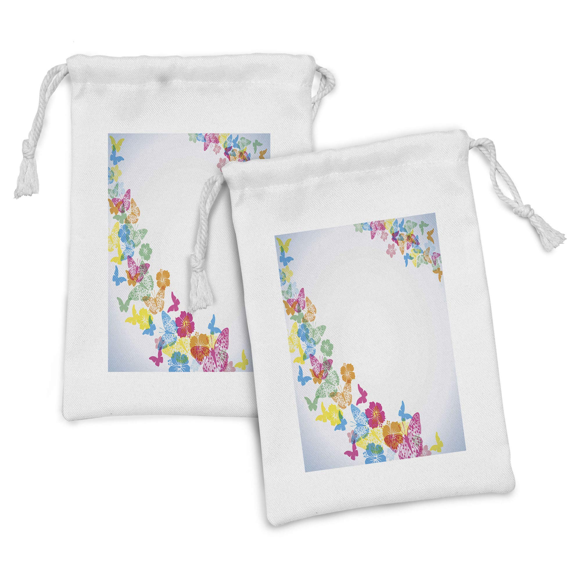 Ambesonne Luau Fabric Pouch Set of 2 - Colorful Butterfly & Floral Drawstring Bags for Toiletries, Masks, Party Favors (9