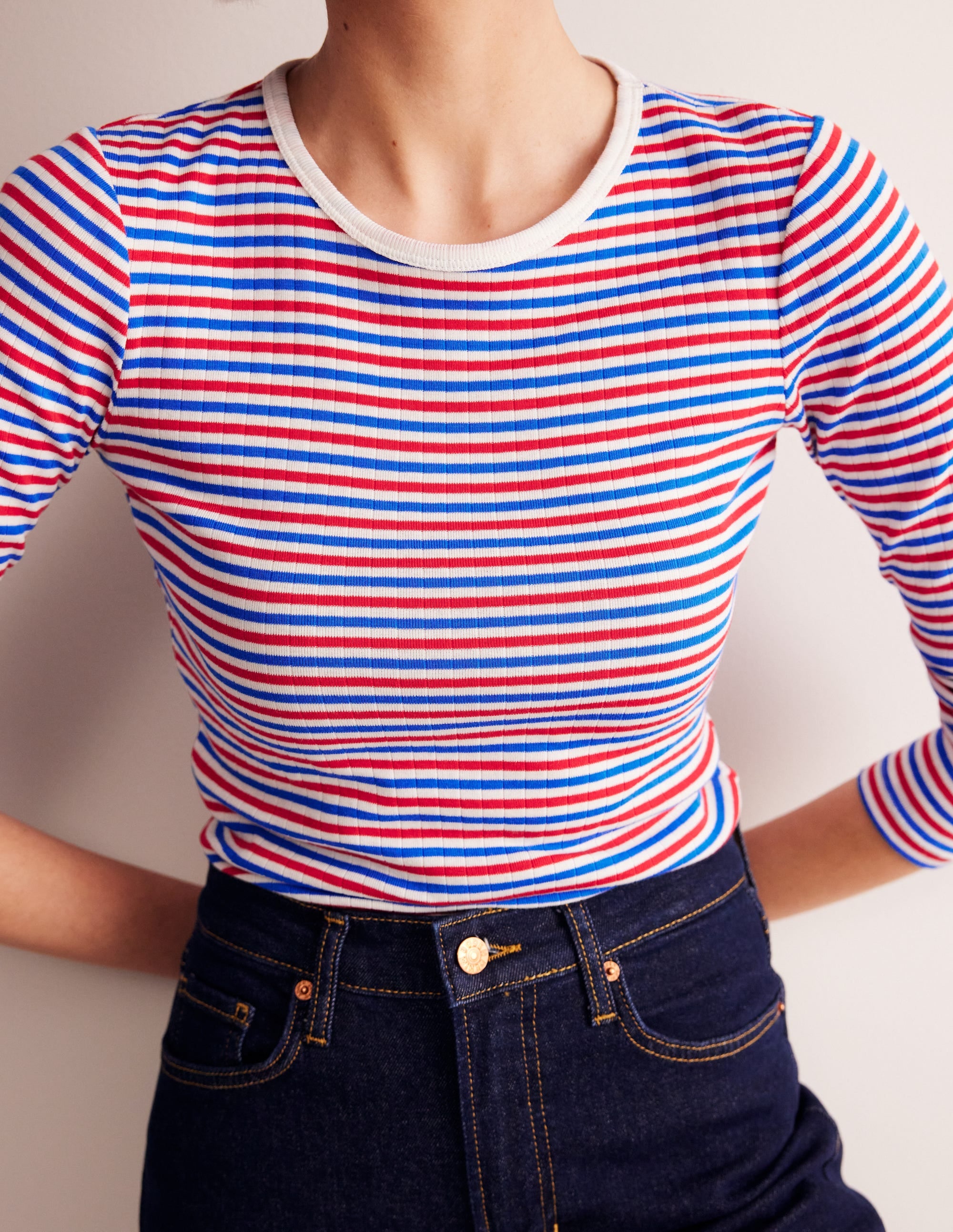 Anna Rib Long Sleeve T-Shirt for Women - Red & Blue Striped Cotton Crewneck Top | Casual Wear, Layering Essential, Office Outfit