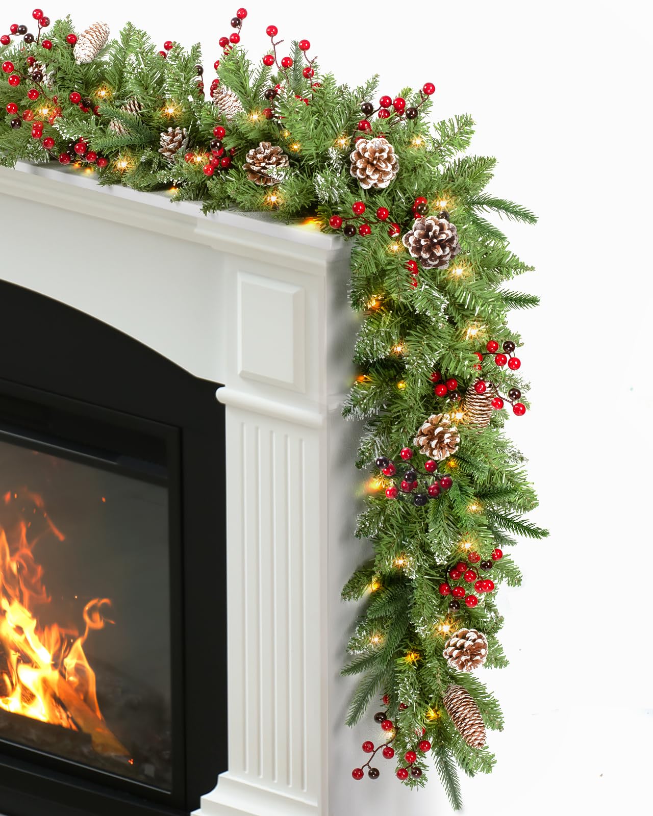 9 ft Prelit Christmas Garland with 100 LED Lights - Battery Operated Timer & 8 Lighting Modes - Faux Pine Garland with Natural Cones & Berries - Perfect for Mantle, Stairs, Fireplace, Holiday Home Decor