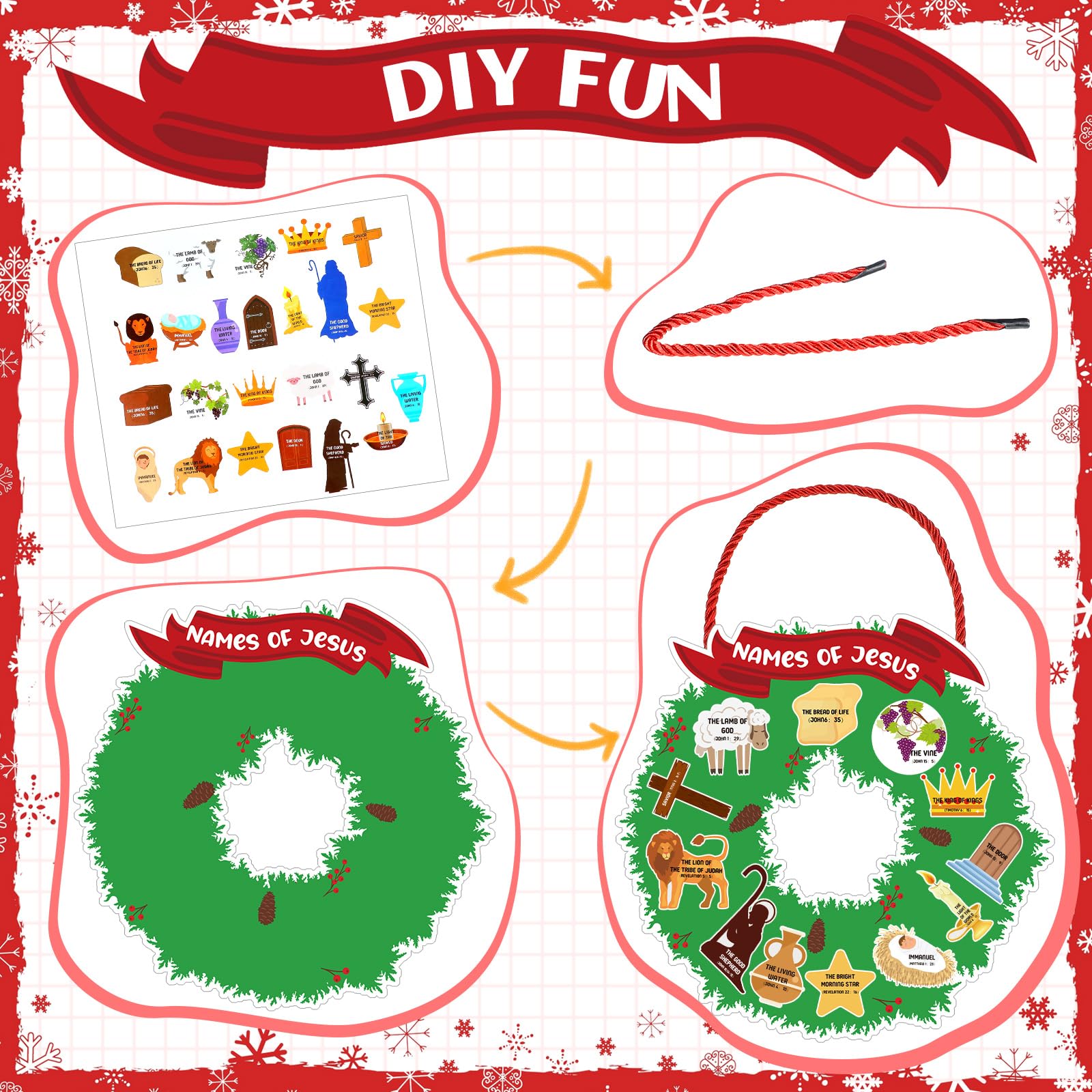 Geetery 24 Pack Sunday School Religious Crafts for Kids - Names of Jesus Wreath Craft Kit, DIY Hanging Christmas Ornament, Paper Craft Kits for Fun Home Activities - Perfect for Church Events, Bible Study & Holiday Decorations