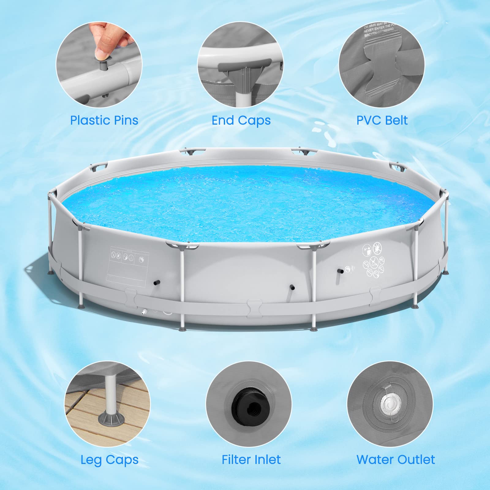 Goplus 12ft x 12ft x 30inch Above Ground Swimming Pool with Steel Frame & Cover - Durable Outdoor Round Pool for Backyard, Garden, Patio - Perfect for Summer Fun, Family Gatherings & Relaxation (Gray)