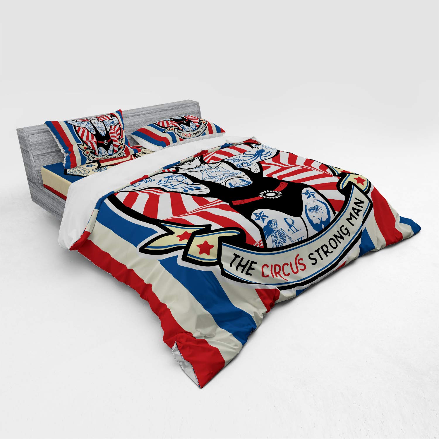 Ambesonne Circus Themed Bedding Set - Nostalgic Strong Man Tattoo & Muscle Star Print Duvet Cover 4-Piece Set with Shams & Fitted Sheet, King Size in Beige Red Blue - Perfect for Circus Lovers' Bedroom Decor
