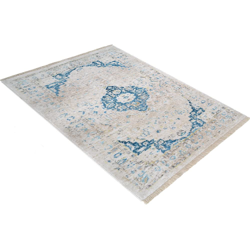 Machine Made Polyester Area Rugs 6'x9' Rectangle - Ivory Oriental Traditional Design Low Pile Carpet for Living Room Bedroom | Durable & Soft Home Decor | Perfect for Modern & Classic Interior Styles (M00069)