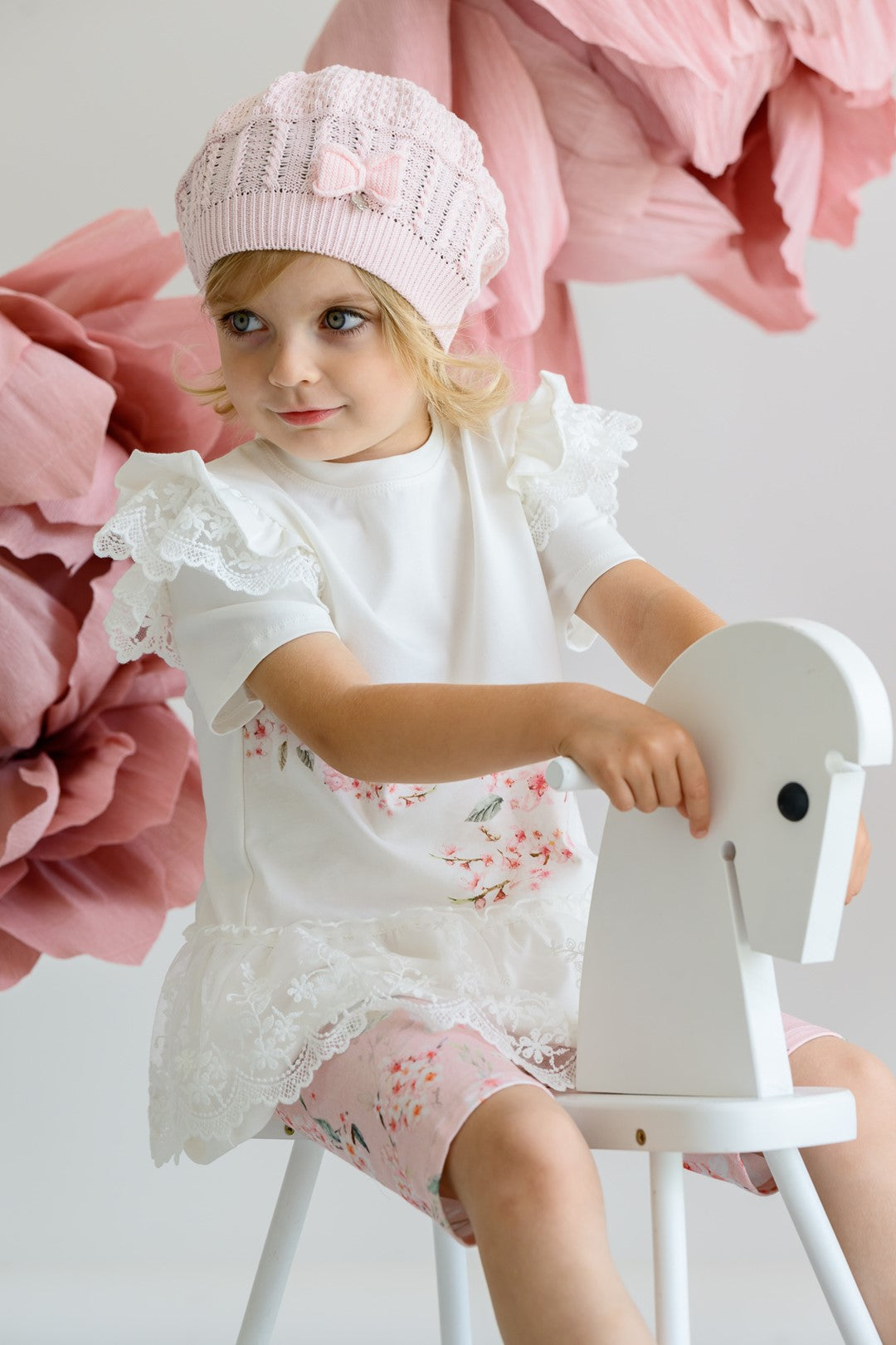 Soraya Ivory & Pale Pink Floral Lace Women's Top & Biker Shorts Set - Elegant Lace Outfit for Date Night, Summer Parties & Casual Wear