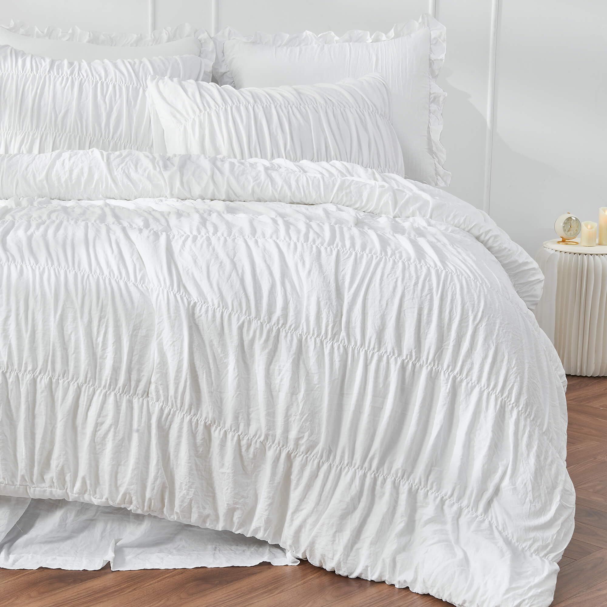 Queen Comforter Set - White Boho Shabby Chic Bedding - Fluffy 3 Piece Ruffle Comforter with Pillow Shams - Perfect for Master Bedroom, Guest Room & Bohemian Home Decor