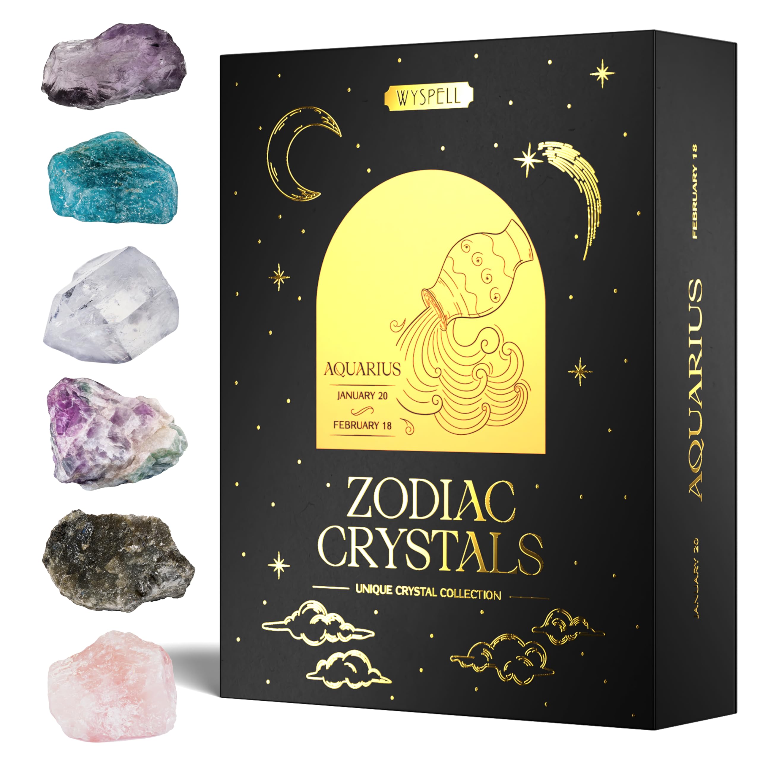 Wyspell Aquarius Crystal Set - 6 Raw Aquarius Healing Stones & Zodiac Gifts for Women - Perfect Birthday, Astrology & Spiritual Gifts - Ideal for Meditation, Energy Healing & Home Decor