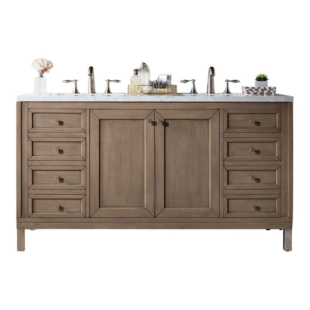 Chicago 60-Inch Double Bathroom Vanity - Whitewashed Walnut with 3CM Carrara Marble Top | Modern Farmhouse Bathroom Furniture for Master & Guest Bathrooms