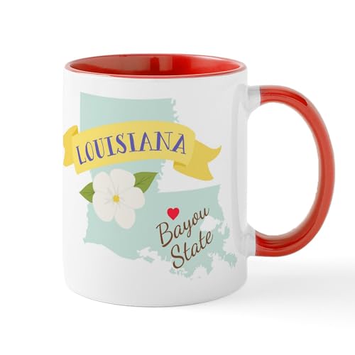 White/Red Inside - Louisiana Bayou State Outline Magnolia Flower Mugs