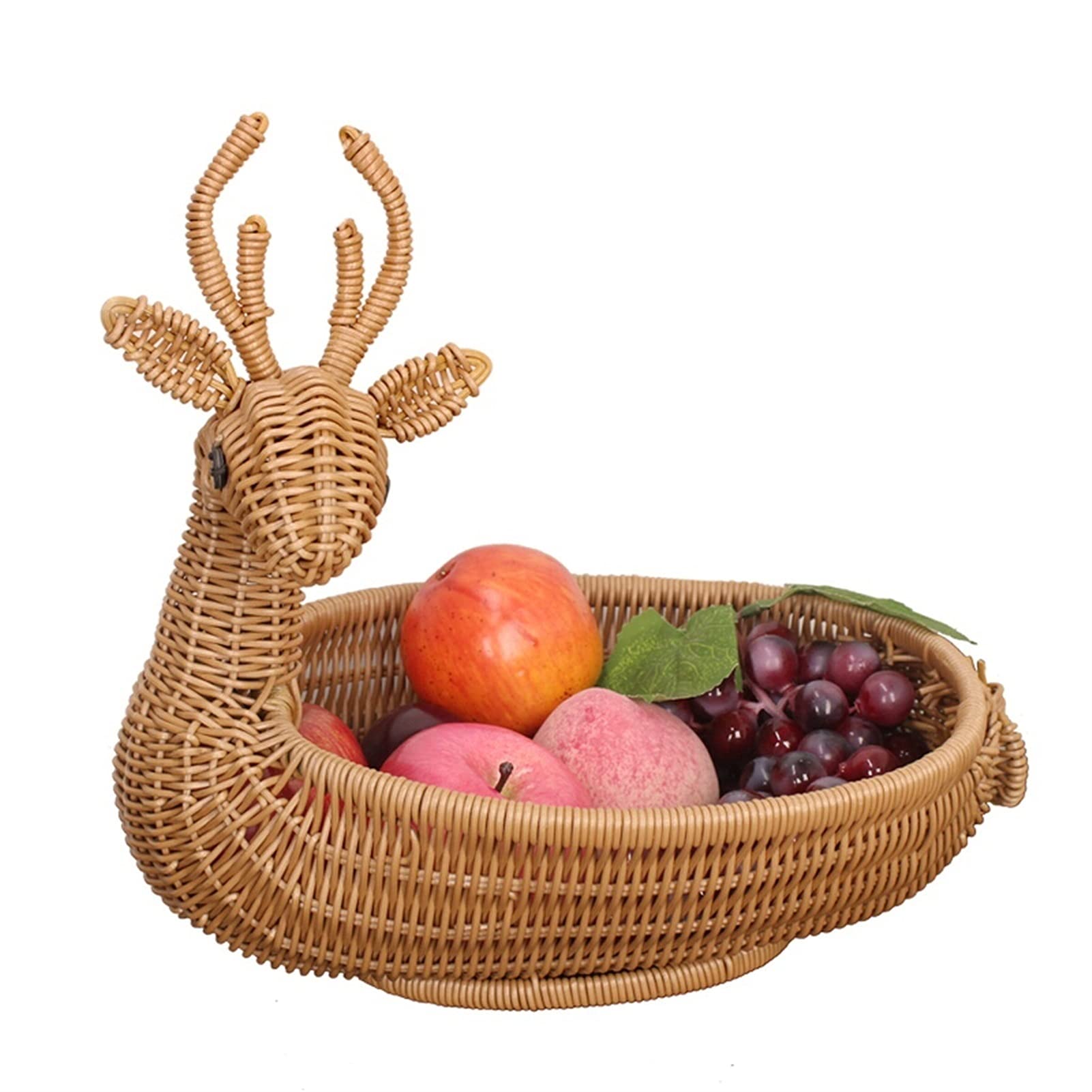 Vintage Rattan Fruit Bowl Basket - Handwoven Antique Green Woven Storage Container for Fruits & Vegetables | Perfect for Kitchen Counter, Dining Table, Living Room Decor, and Farmhouse Style Home Organization (Brown)