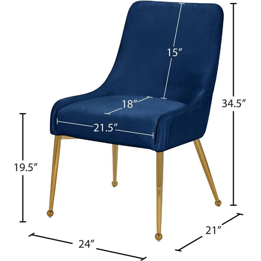 Meridian Furniture 855 Navy Ace Collection Modern Dining Chairs - Set of 2 Navy Velvet Upholstered Chairs with Polished Gold Legs & Pleated Fabric, 24x21x34.5 Inches - Elegant Contemporary Dining Room Chairs for Home, Restaurant, or Event Decor