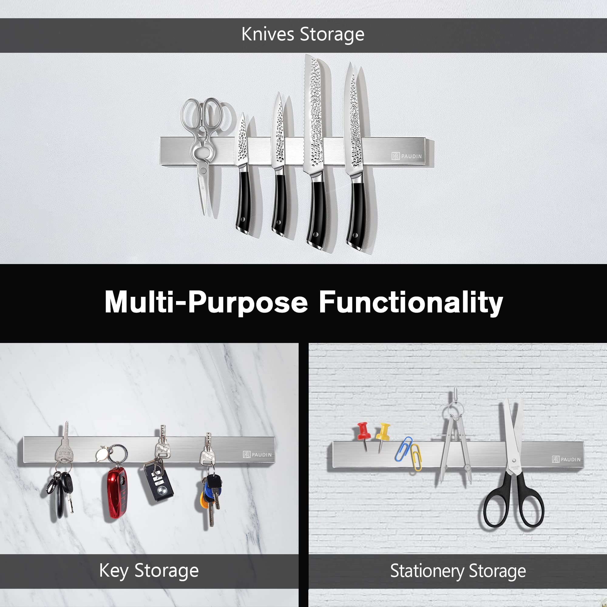 Paudin 17.7 Inch Magnetic Knife Bar - Wall Mount Stainless Steel Knife Holder & Organizer for Kitchen Knives, Utensils, Tools | Perfect for Home, Restaurant & Professional Chef Use