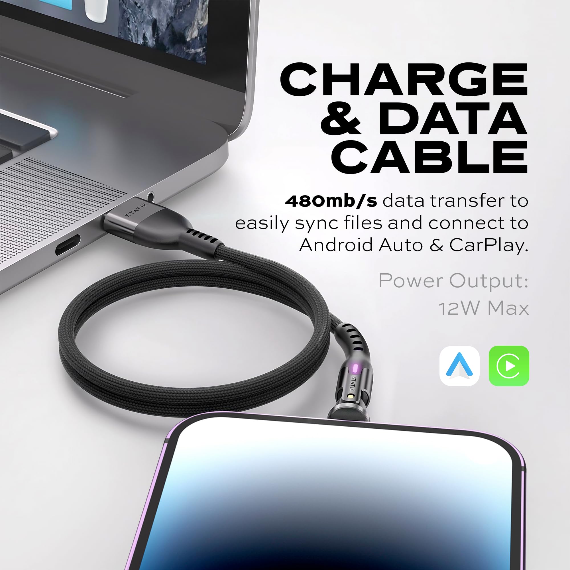Statik PowerPivot USB to Lightning Cable 10W Fast Charger & Data Sync for iPhone iPad - 360° Rotating Head, 6FT/2M 3-Pack - Perfect for Home, Office & Travel Charging Needs