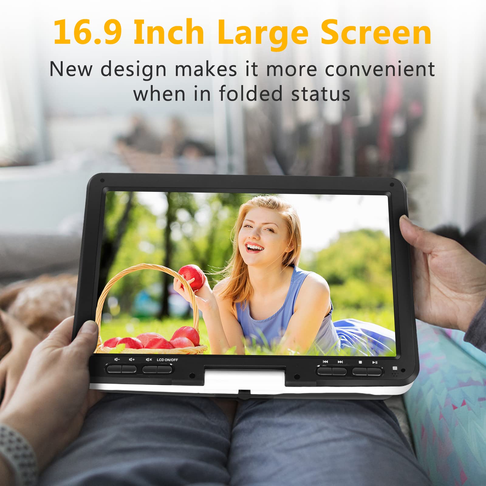 16.9'' Portable DVD Player with 6-Hour Battery, 14.1'' HD Swivel Screen, New Button Design, High Volume Speakers, Sync TV/Region Free/Multiple Discs, White - Perfect for Travel, Camping, and Family Movie Nights