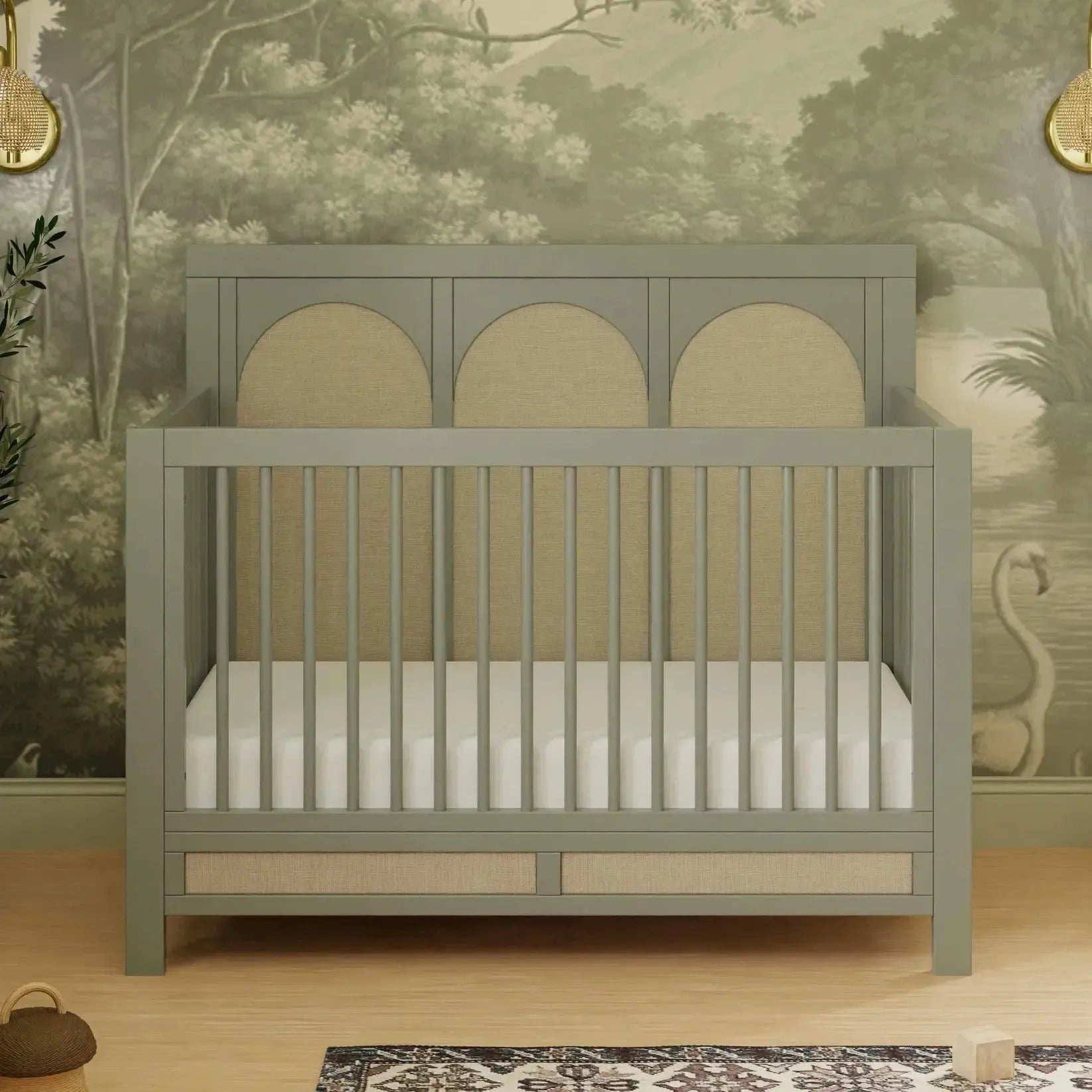 Namesake Eloise 4-in-1 Convertible Baby Crib - French Sage & Performance Sand Eco Weave | Nursery Furniture for Newborns to Toddlers | Safe & Stylish Modern Nursery Decor