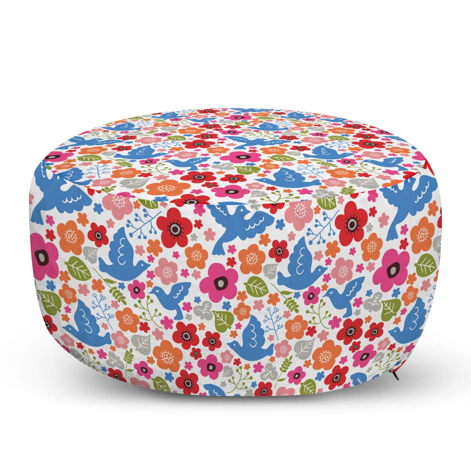 Ambesonne Floral Bird Cartoon Ottoman Pouf - Soft Decorative Foot Rest with Removable Cover for Living Room & Bedroom - Pastoral Leaves Design Multicolor Home Decor Accent for Cozy Seating & Relaxation