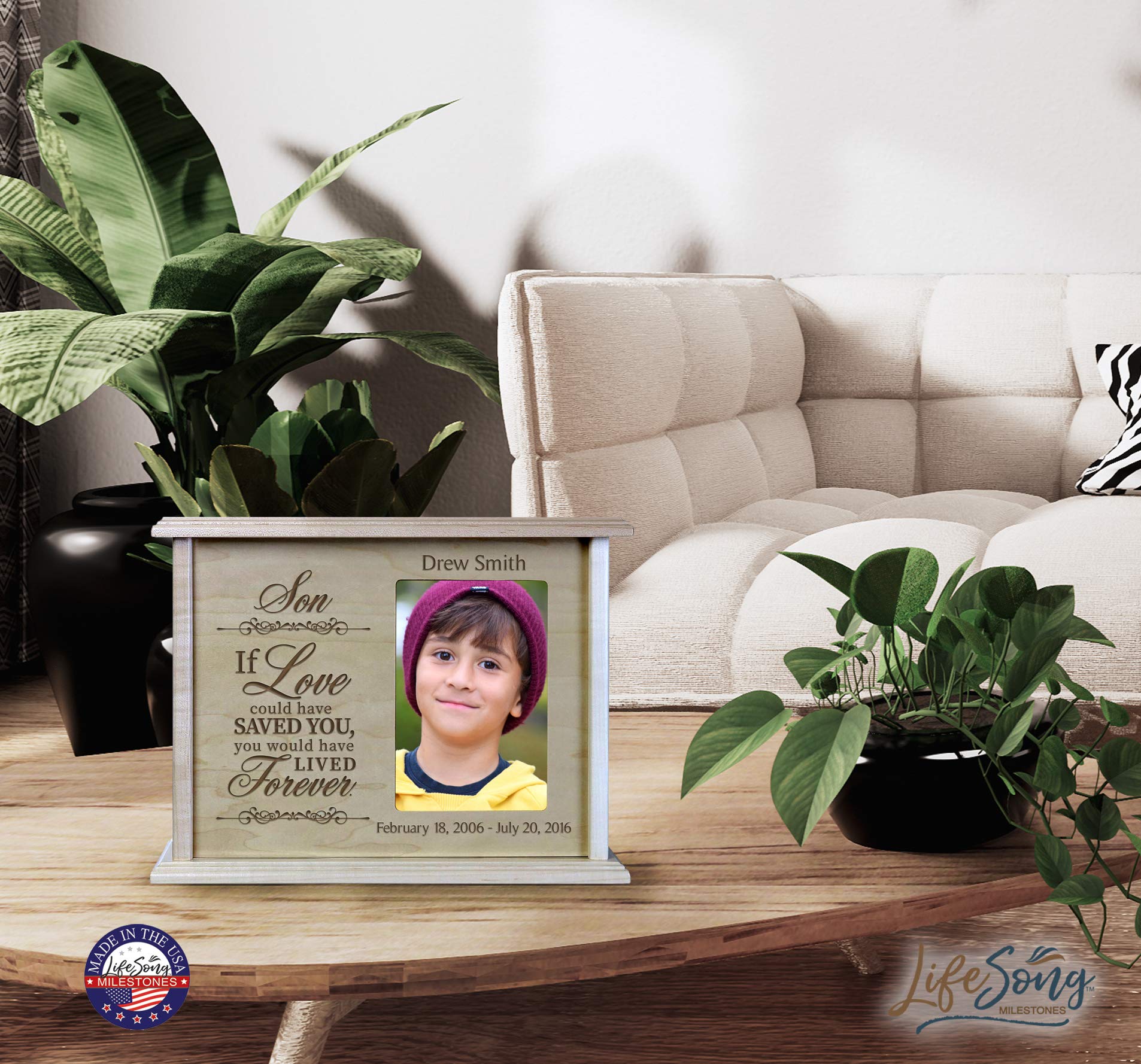 Personalized Engraved Wooden Cremation Urn with Picture Frame - Holds 200 cu.in Human Ashes & 4x6 Photo - Memorial Keepsake for Loved Ones (Maple) - Perfect for Funeral Services, Memorial Displays & Honoring Deceased Family Members
