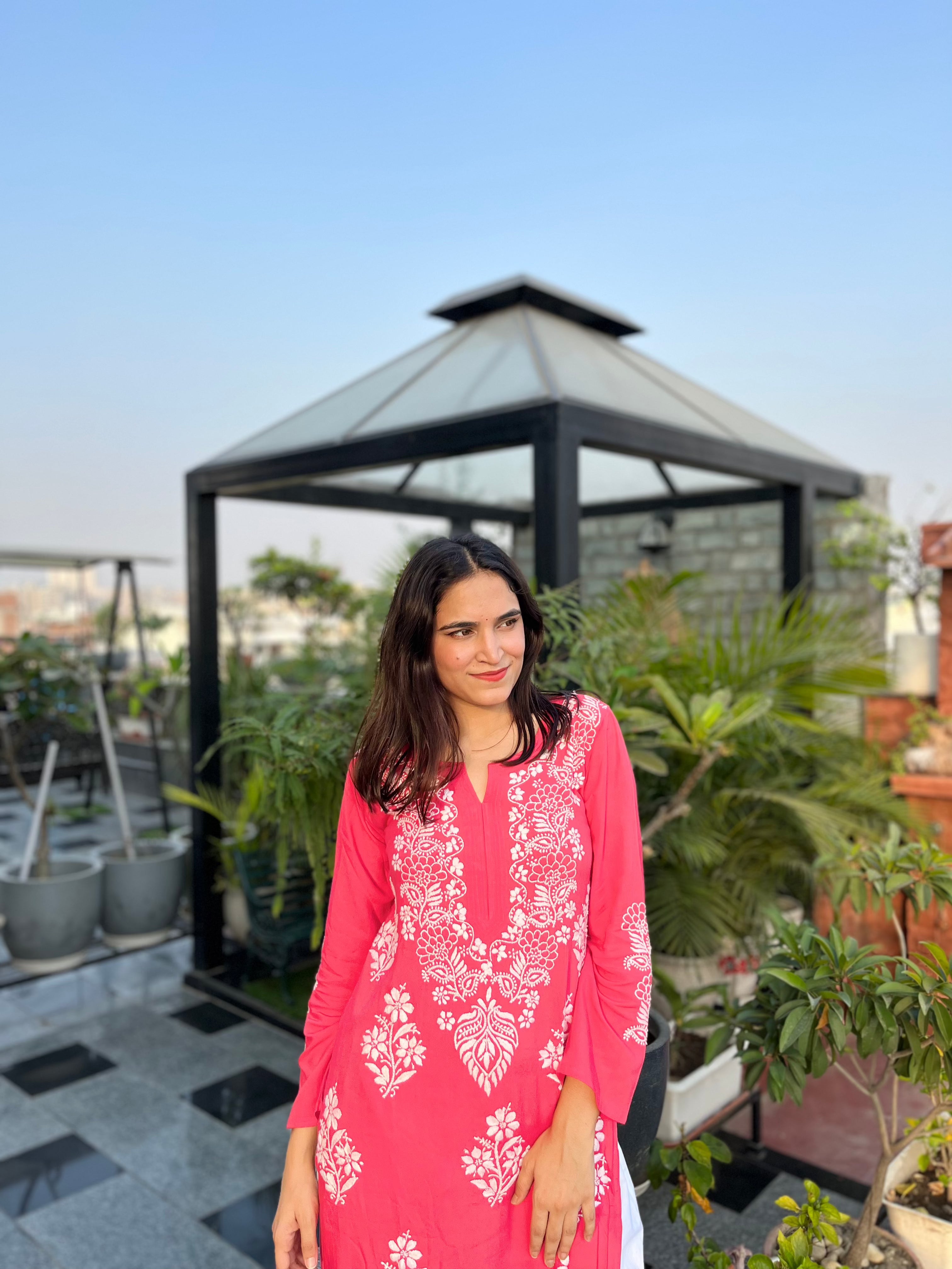 Hand Embroidered Chikankari Kurta for Women - Red Traditional Indian Tunic Top - Perfect for Festivals, Weddings & Casual Wear