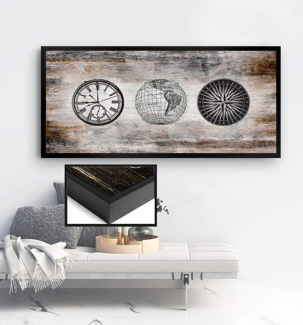 Vintage World Map Compass Wall Art - Large Canvas Wall Decor with Floating Frame (42x19) - Nautical Themed Home Decor for Living Room, Office & Bedroom - Perfect for Travel Lovers & Map Enthusiasts