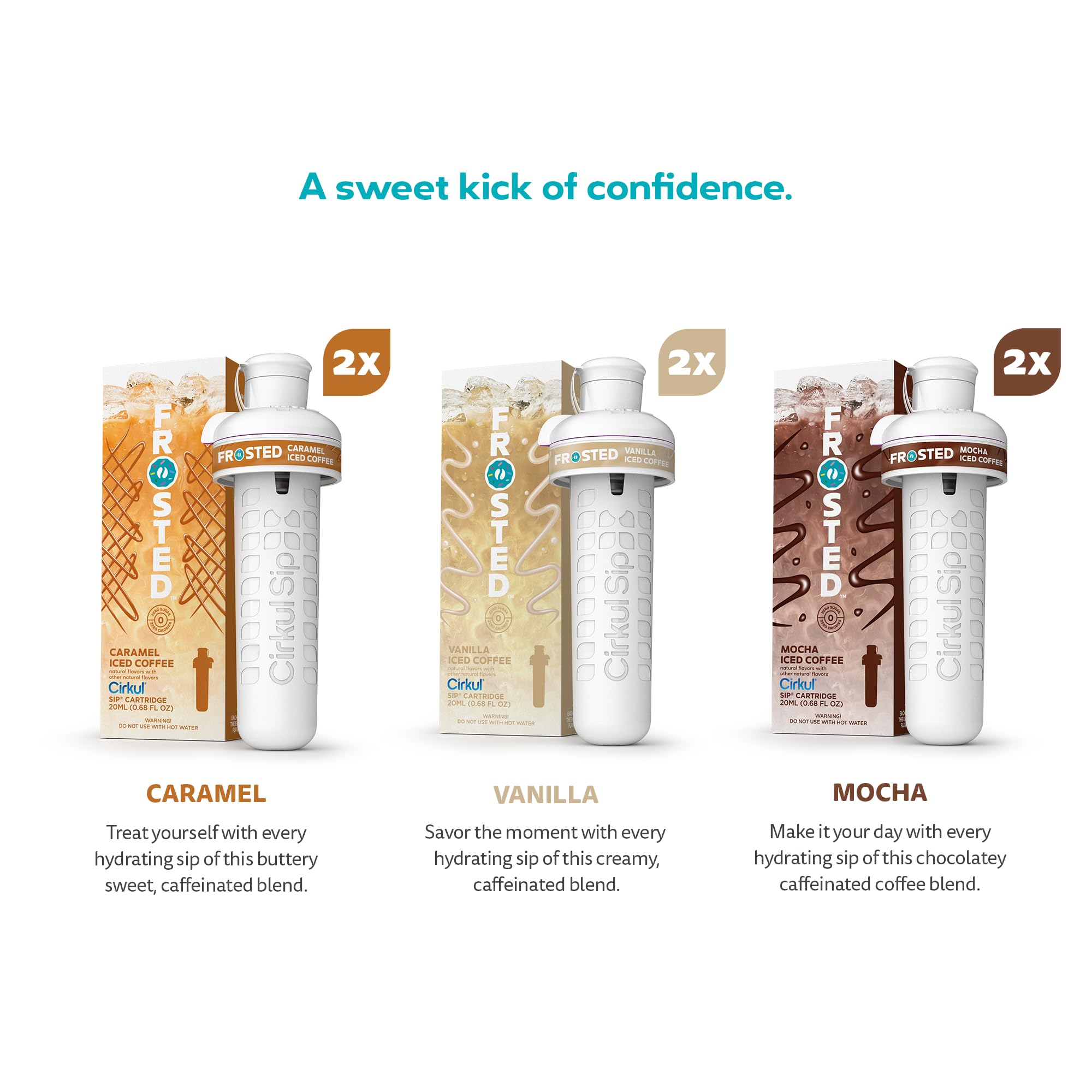 Cirkul Frosted Iced Coffee Flavor Cartridge Variety Pack - 6 Pods (2 Caramel, 2 Mocha, 2 Vanilla) | Refill for Water Bottle System | Perfect for Home, Office & On-The-Go Hydration