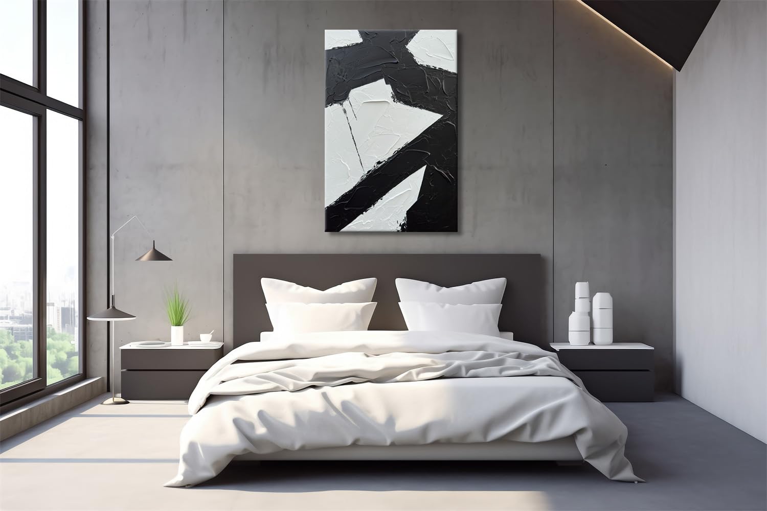 Zoinart Hand Painted Black & White Abstract Wall Art - 24x36 Inch Modern Oil Painting with Vertical Texture, Contemporary Minimalist Home Decor for Living Room, Bedroom & Office