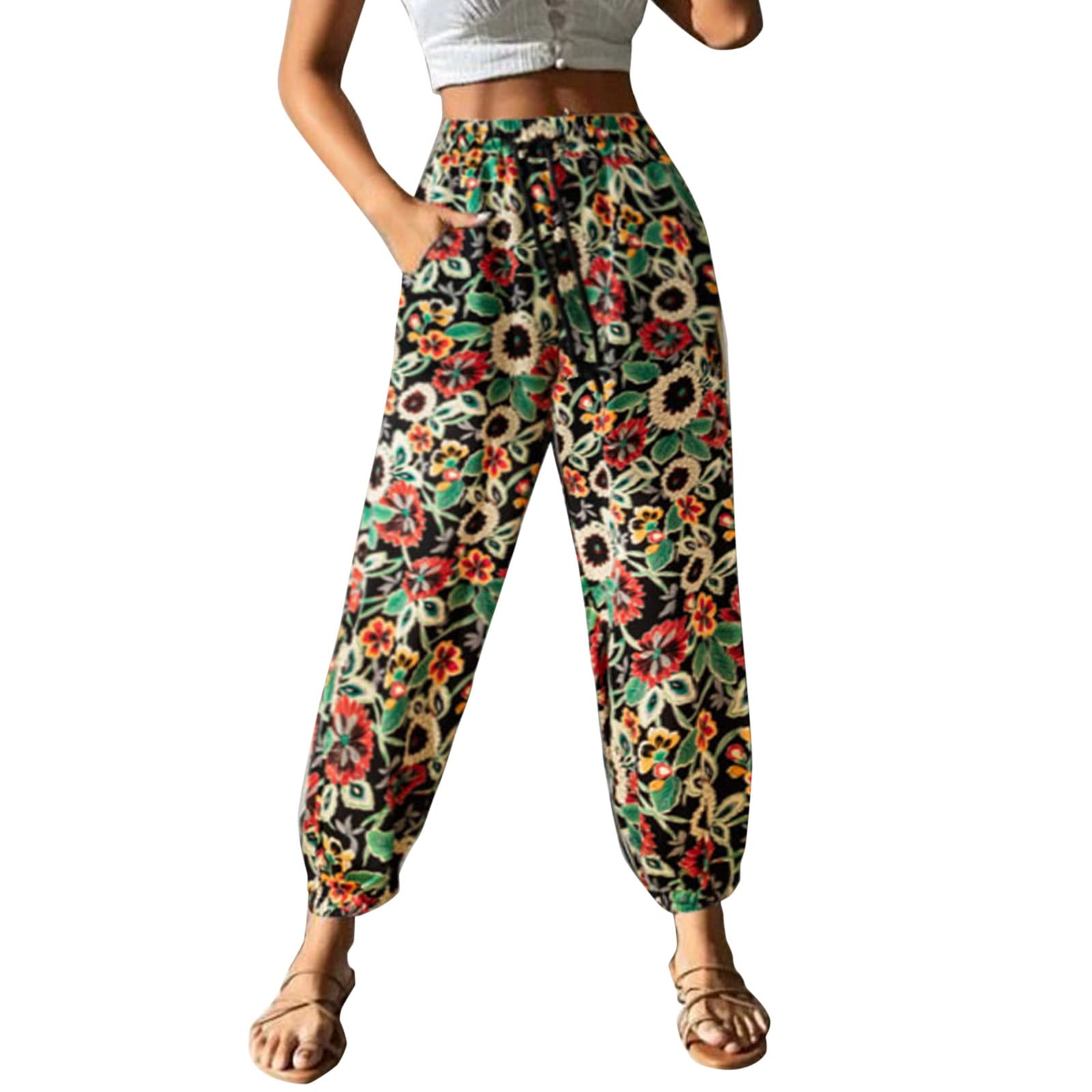 Women's Printed Bungee Pants - Casual Wide Leg Harem Pants with Elastic Waist | Perfect for Yoga, Lounge Wear & Boho Fashion Outfits