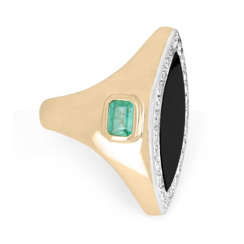 14K Gold Colombian Emerald Marquise Cut Halo Ring with Onyx and Diamonds - Elegant Cocktail Statement Jewelry for Women - Perfect for Evening Parties, Weddings, and Special Occasions