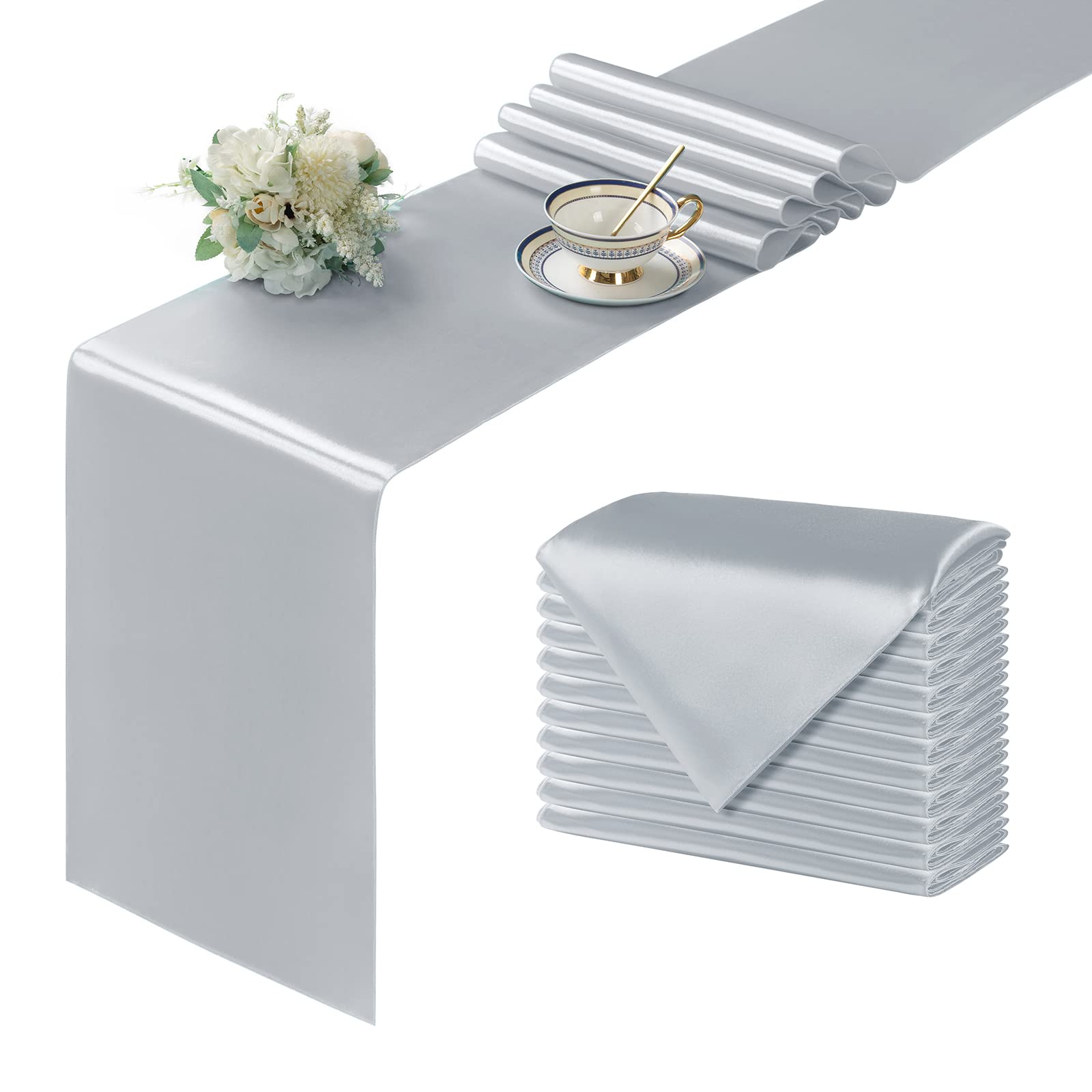 12Pcs Satin Silver Table Runners 12x108 Inch - Elegant Wedding Banquet Decor, Party Buffet Tablecloth for Chef Dinner, Birthday & Graduation Celebrations - Perfect for Holiday Gatherings & Formal Events