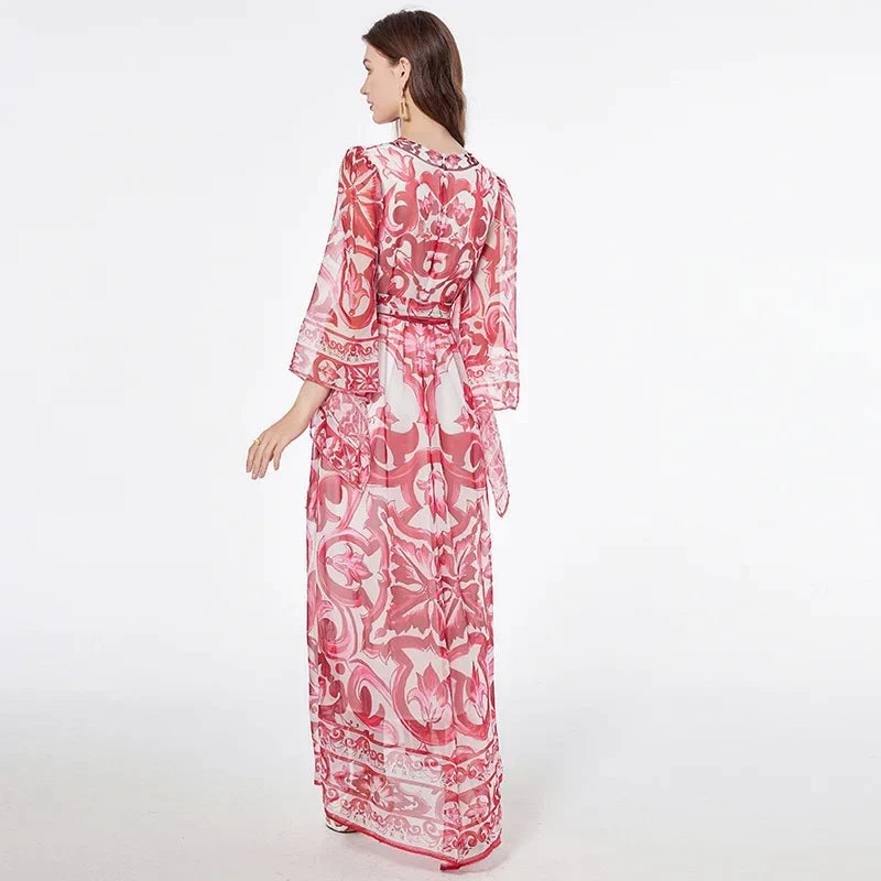 Elegant Blue and White Porcelain Floral Maxi Dress for Women - Long Sleeve Floral Print Summer & Autumn Dress - Perfect for Weddings, Parties, and Casual Outings