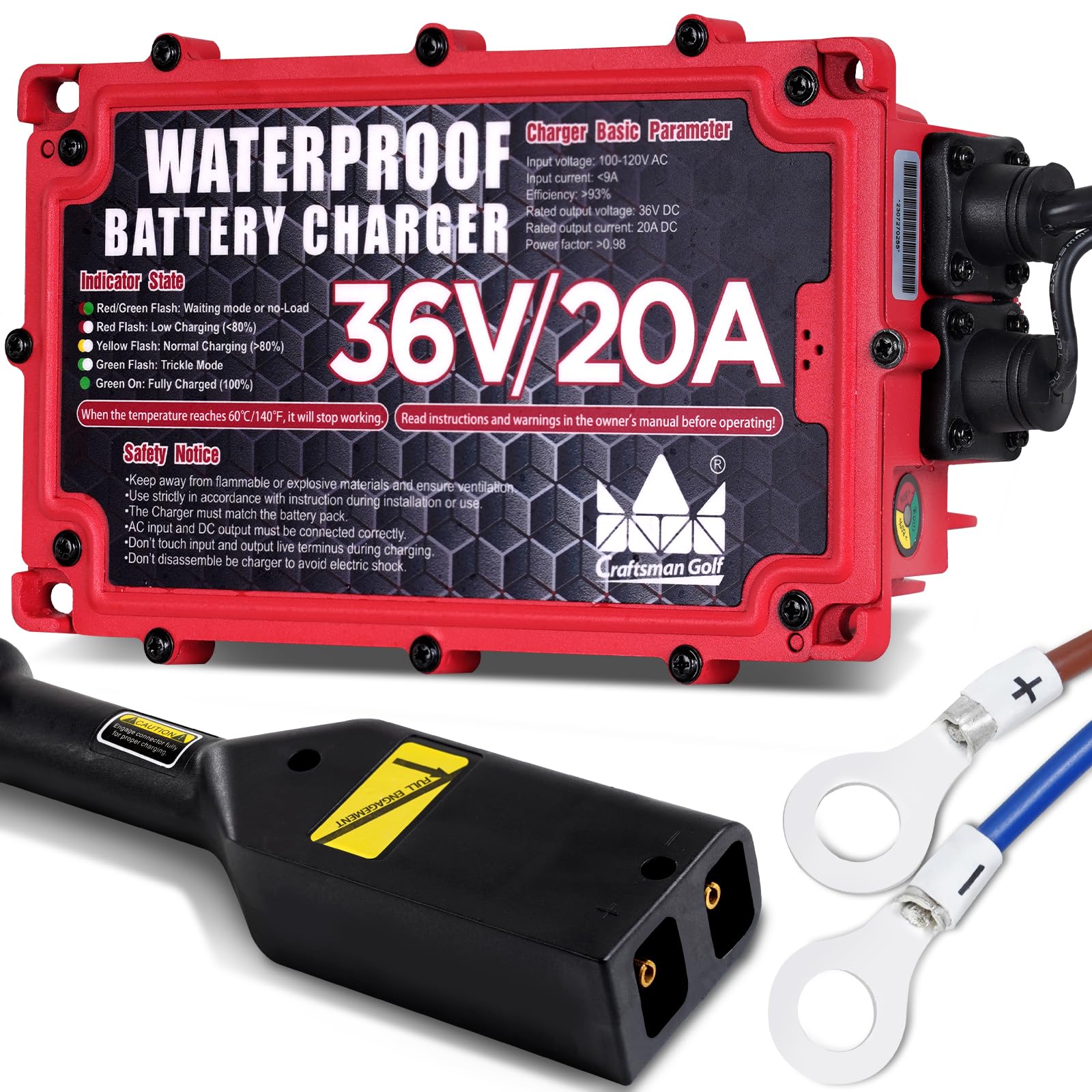 CRAFTSMAN GOLF 36V 20A Onboard Golf Cart Battery Charger for EZGO - D-Shape Plug & Fast Charging Cable | Perfect for Golf Course, RV & Electric Vehicle Use