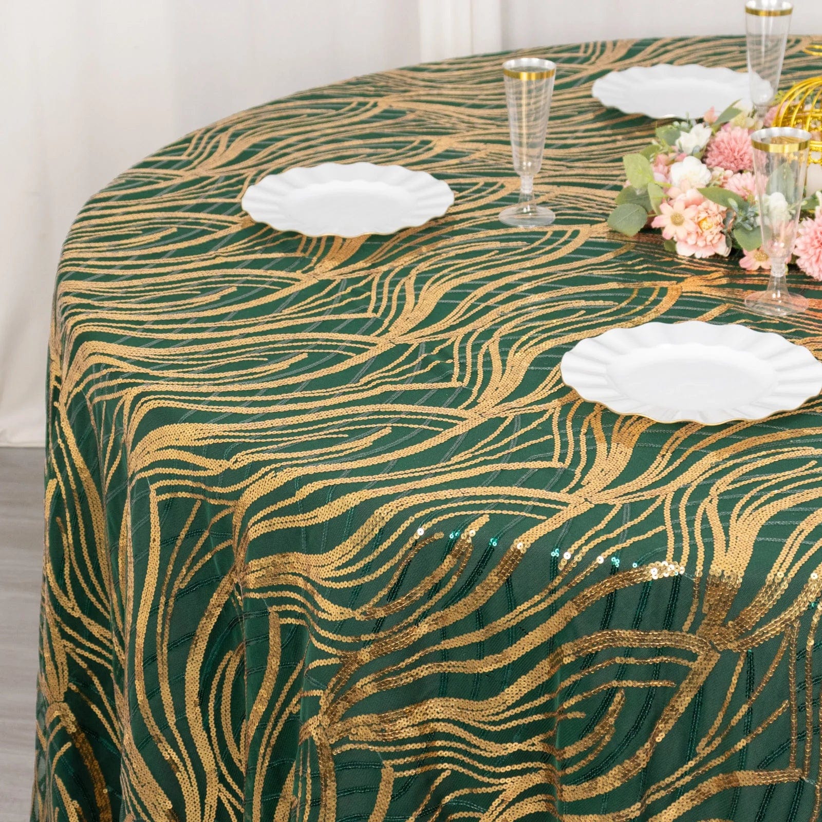 120 Mesh Round Tablecloth with Wavy Embroidered Sequins - Elegant Party Decor for Weddings, Banquets & Special Events