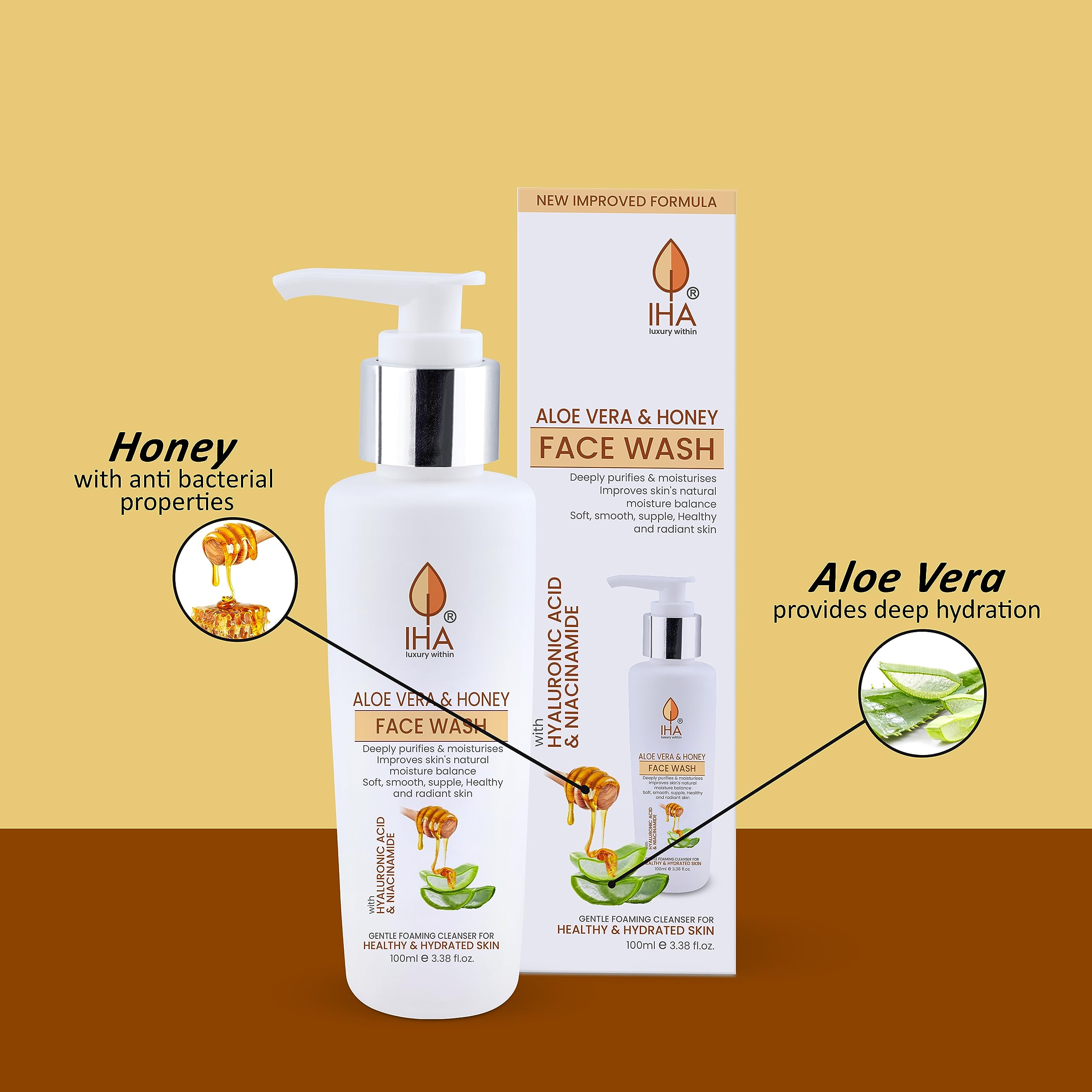 IHA Aloe Vera and Honey Herbal Face Wash - Moisturizing Facial Cleanser with Gotu Kola, Coconut & Cucumber for Hydration - Gentle Face Wash for Men & Women with Normal to Dry Skin (100ml) - Perfect for Daily Skincare Routine & Post-Workout Refreshment