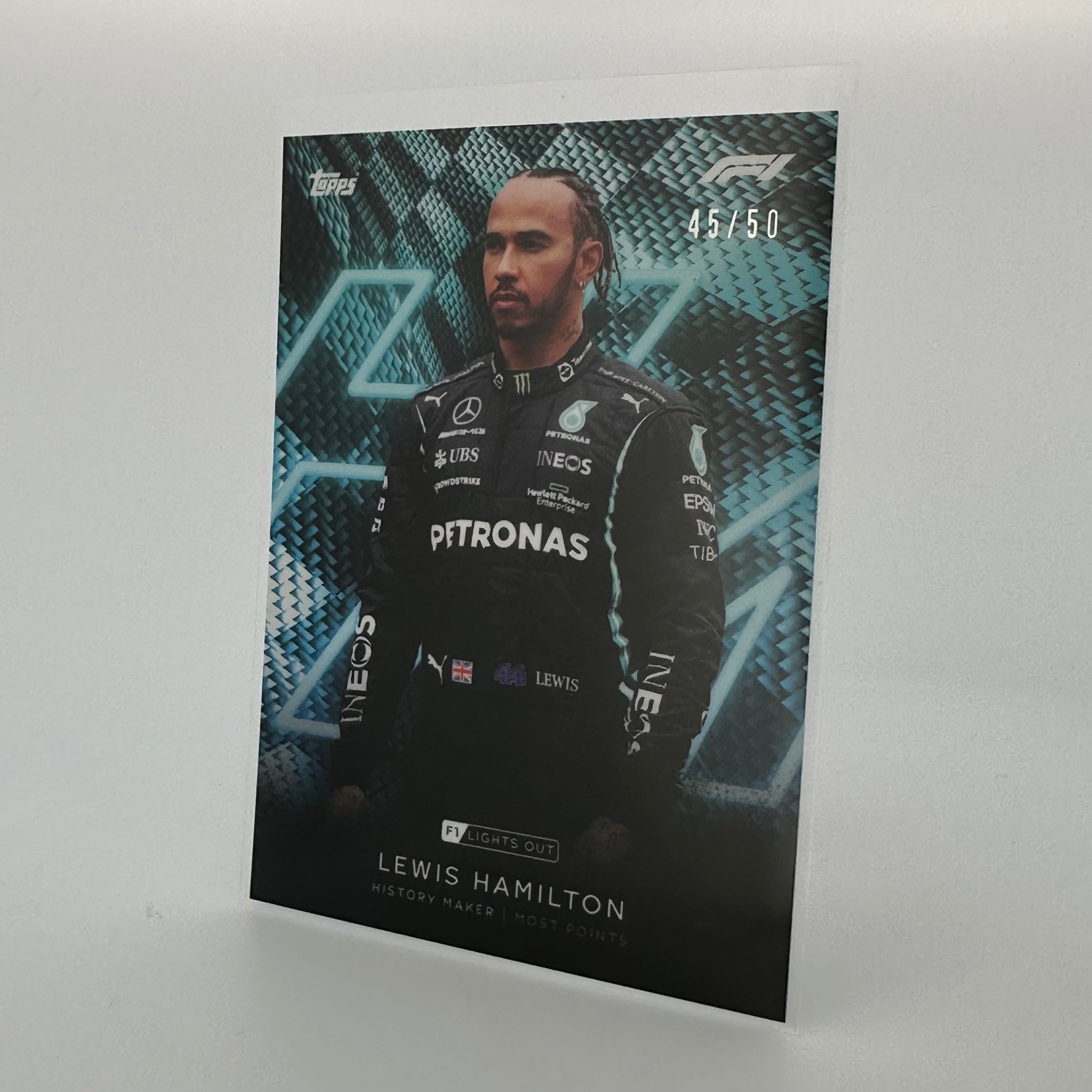 45/50 Lewis Hamilton History Maker Aqua Parallel - Limited Edition F1 Racing Collectible for Fans & Memorabilia Enthusiasts