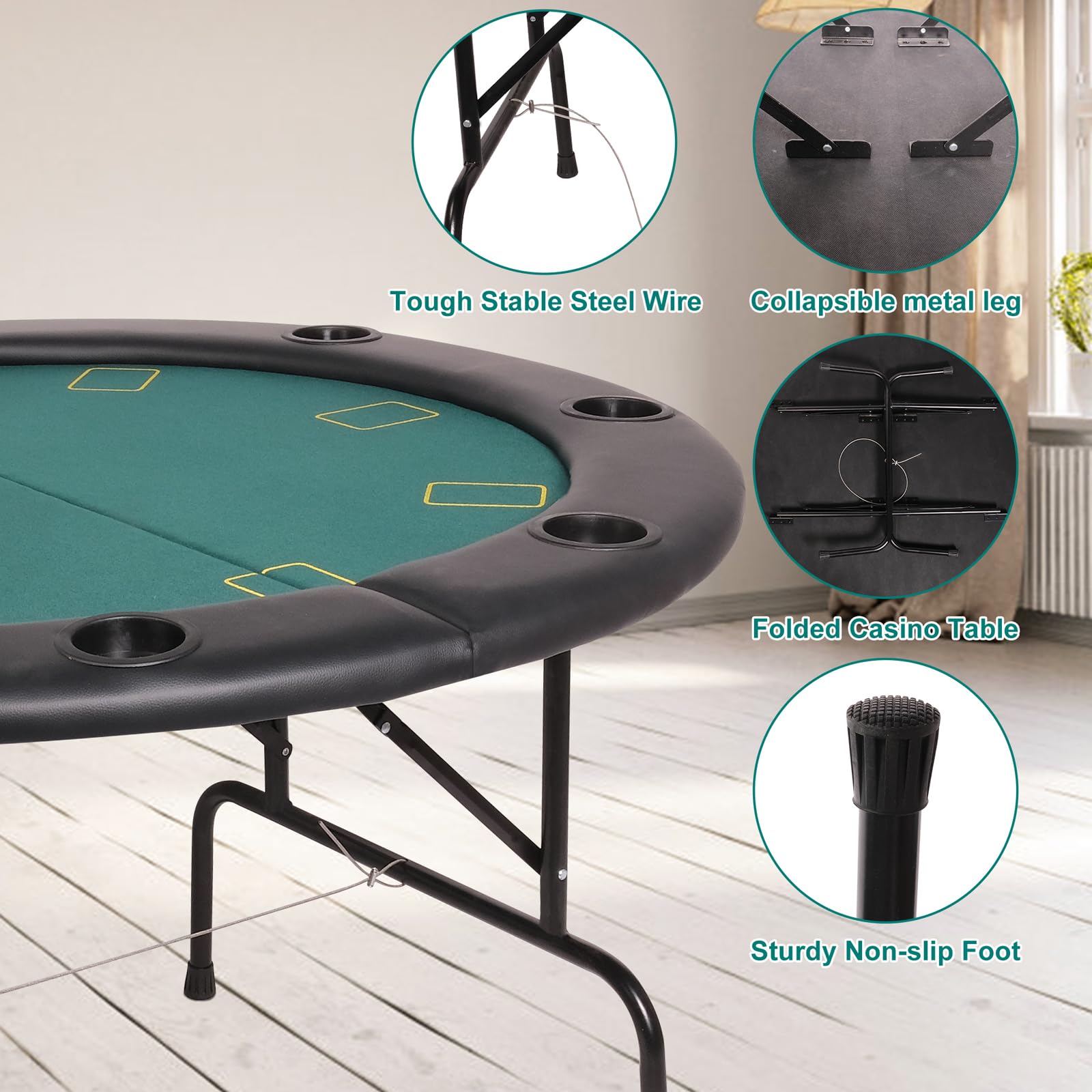 Premium 8-Player Foldable Poker Table - Water-Resistant Cushioned Rail & 8 Cup Holders - Casino-Grade Felt Surface for Texas Hold'em & Blackjack - Portable Round Poker Table for Home Game Nights & Casino Parties