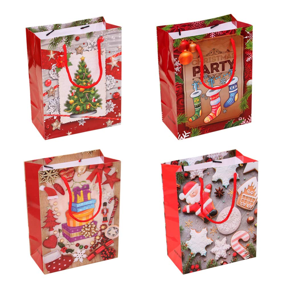 NUOBESTY 4pcs Christmas Kraft Paper Gift Bags - Small Wine Bags with Cartoon Patterns, Portable Tote Bags for Holiday Gifts | Perfect for Christmas Presents, Party Favors & Wine Bottle Packaging