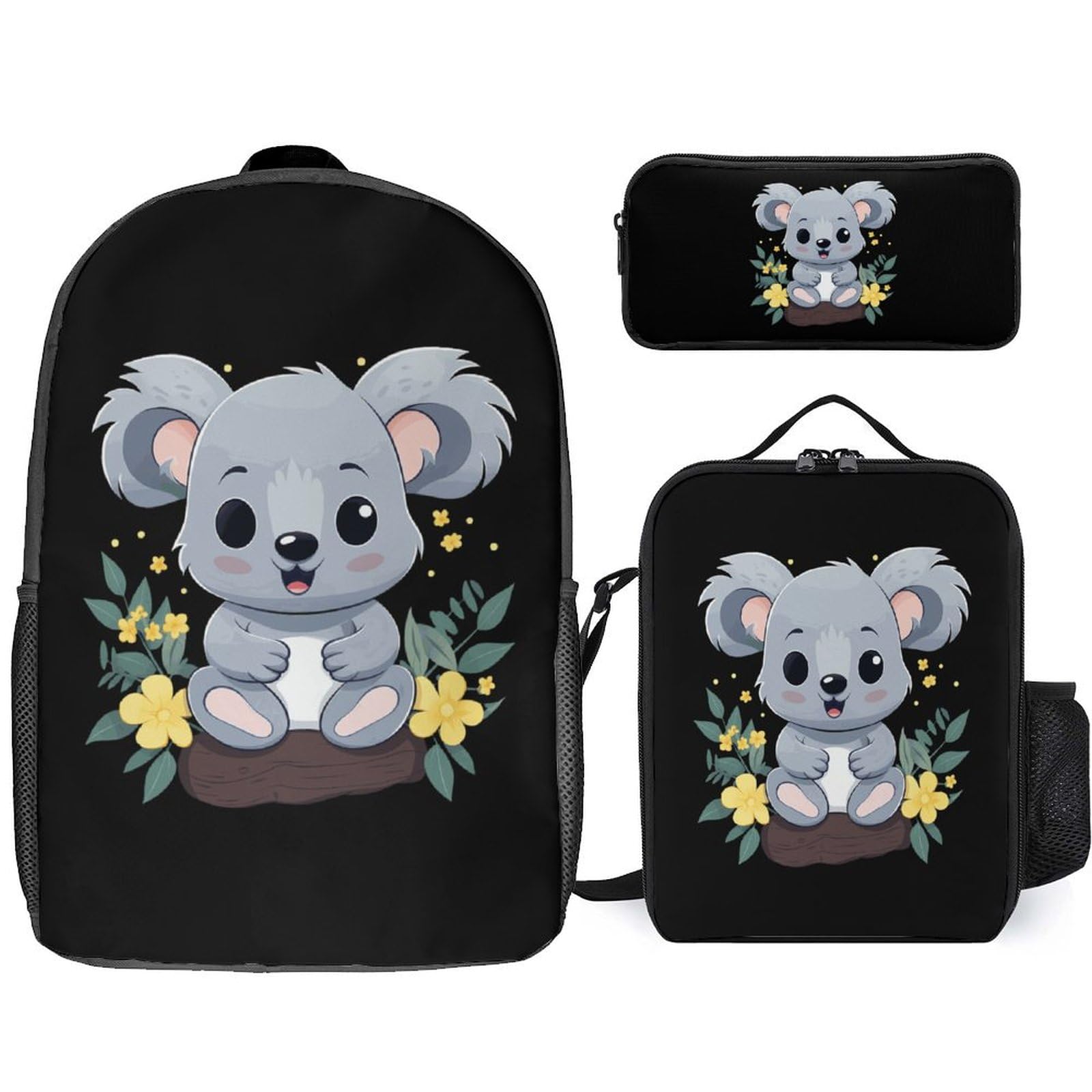 Adorable Koala Cartoon 3-Piece Backpack Set - 17 Inch Laptop Backpack, Travel Daypack with Lunch Box & Pencil Case - Perfect for School, Work & Travel Accessories