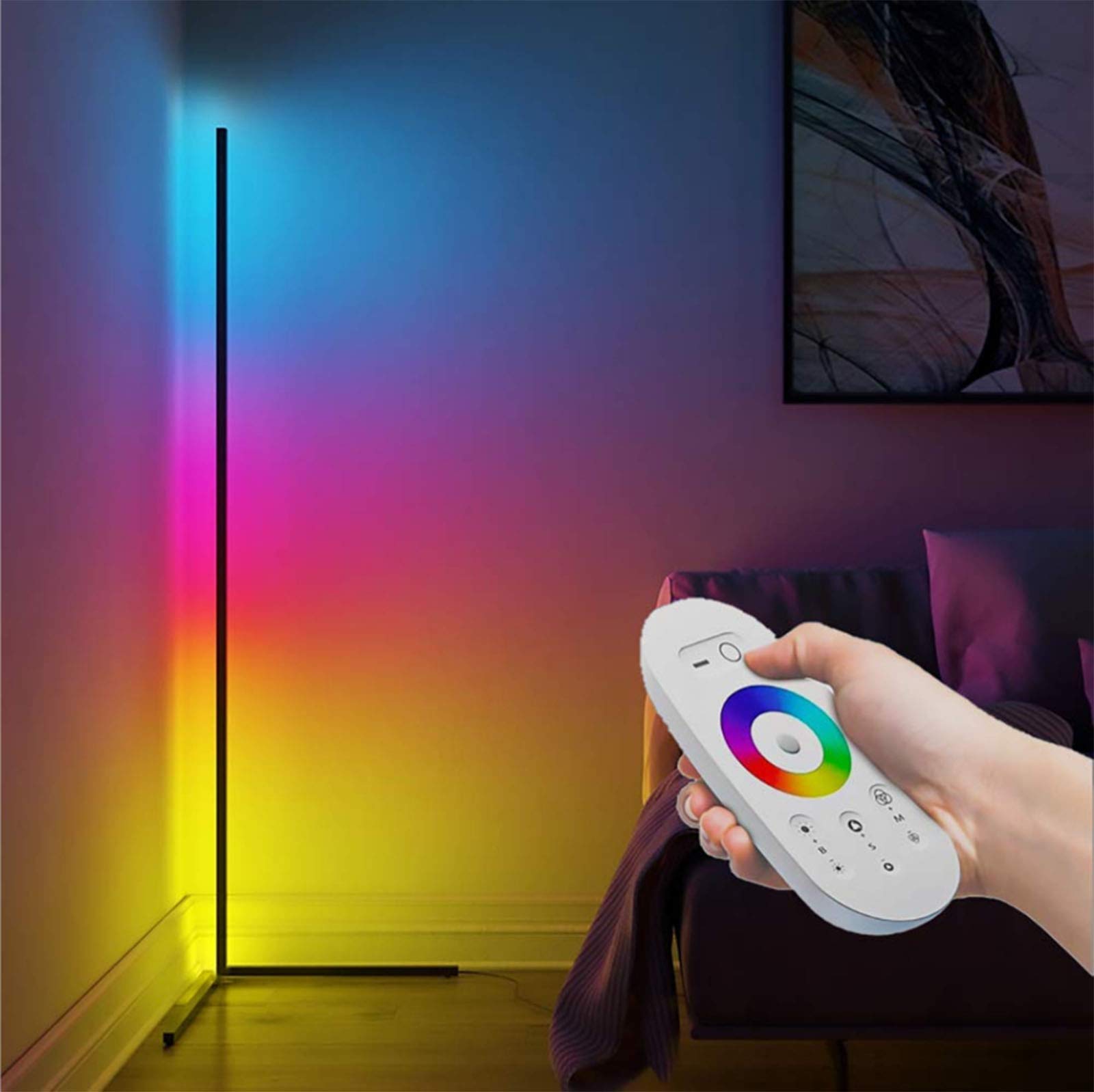 Olaffi Modern Corner Floor Lamp - Adjustable RGB Color Changing Standing Light with Remote Control, Dimmable Night Light for Living Room & Bedroom - Nordic Style Home Decor for Cozy Ambiance