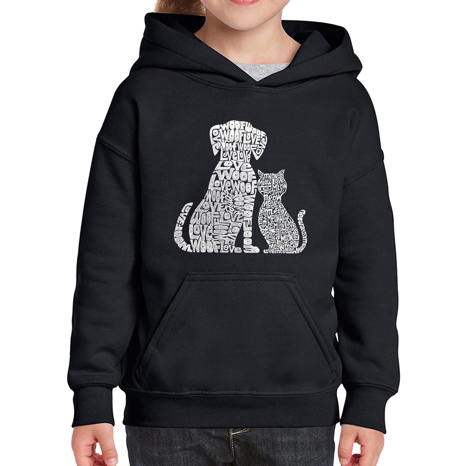 LA Pop Art Girl's Word Art Hooded Sweatshirt - Cute Dog and Cat Design | Trendy Graphic Pullover for Women | Perfect for Casual Wear, Street Style & Gift Giving