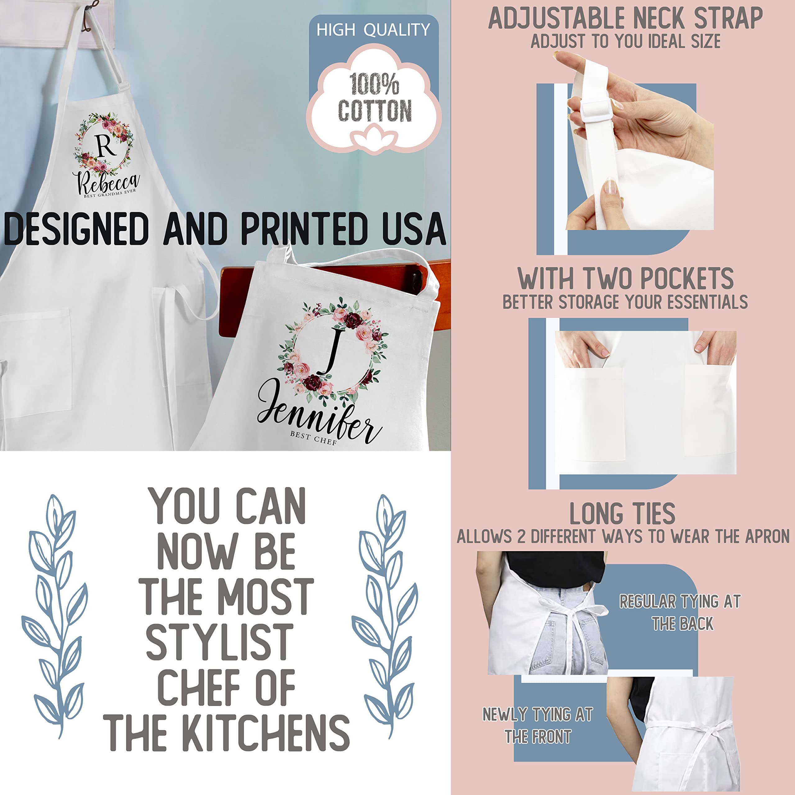 Personalized Floral Initial Kitchen Apron with Pockets - Custom Chef Cooking Apron for Women, Baking, BBQ, Grilling - Funny & Unique Gift Idea for Mom, Wife, Bakers - Perfect for Home Cooking, Outdoor BBQ, and Kitchen Decor